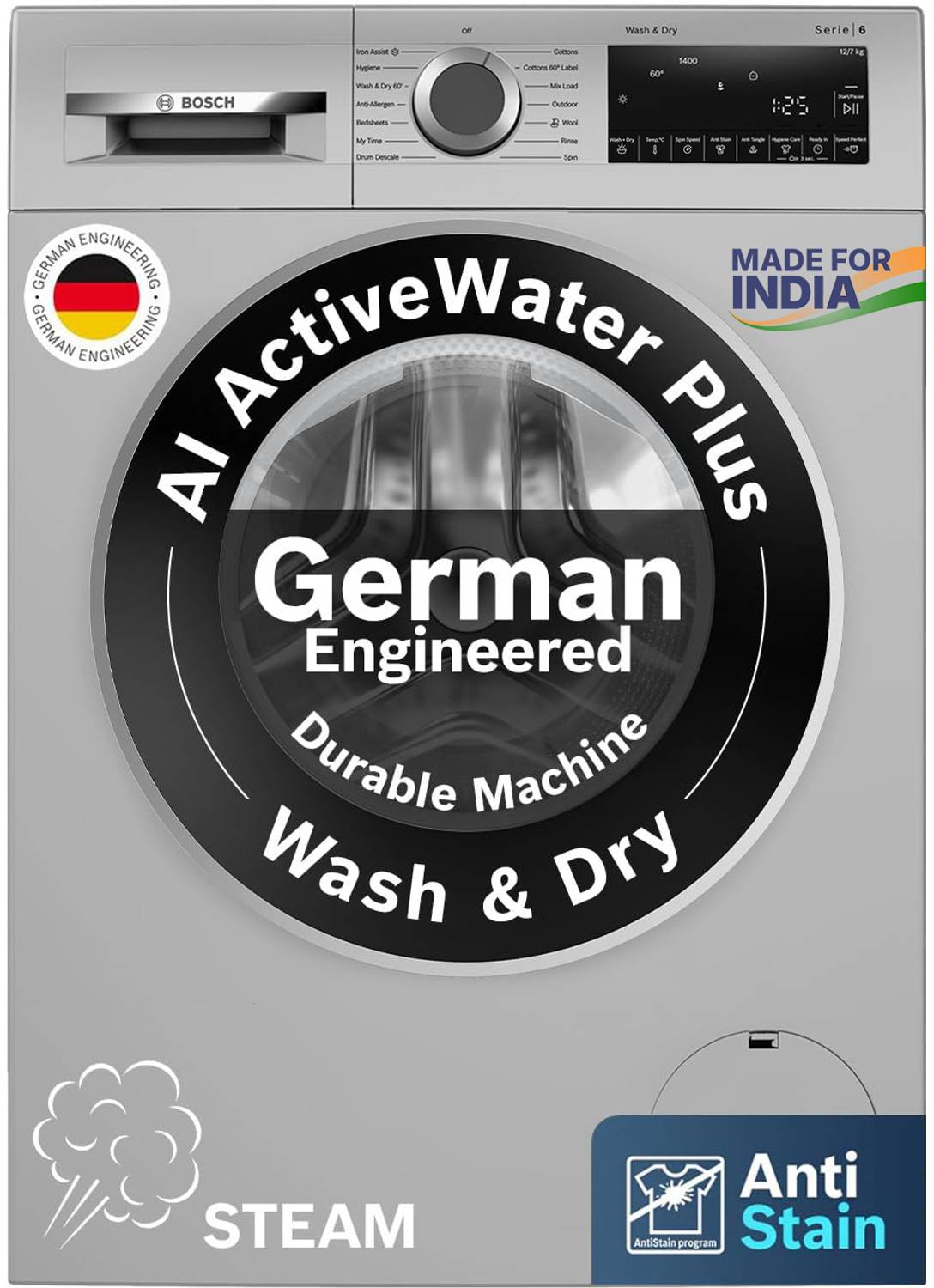 BOSCH 12 Washer with Dryer with In-built Heater Silver