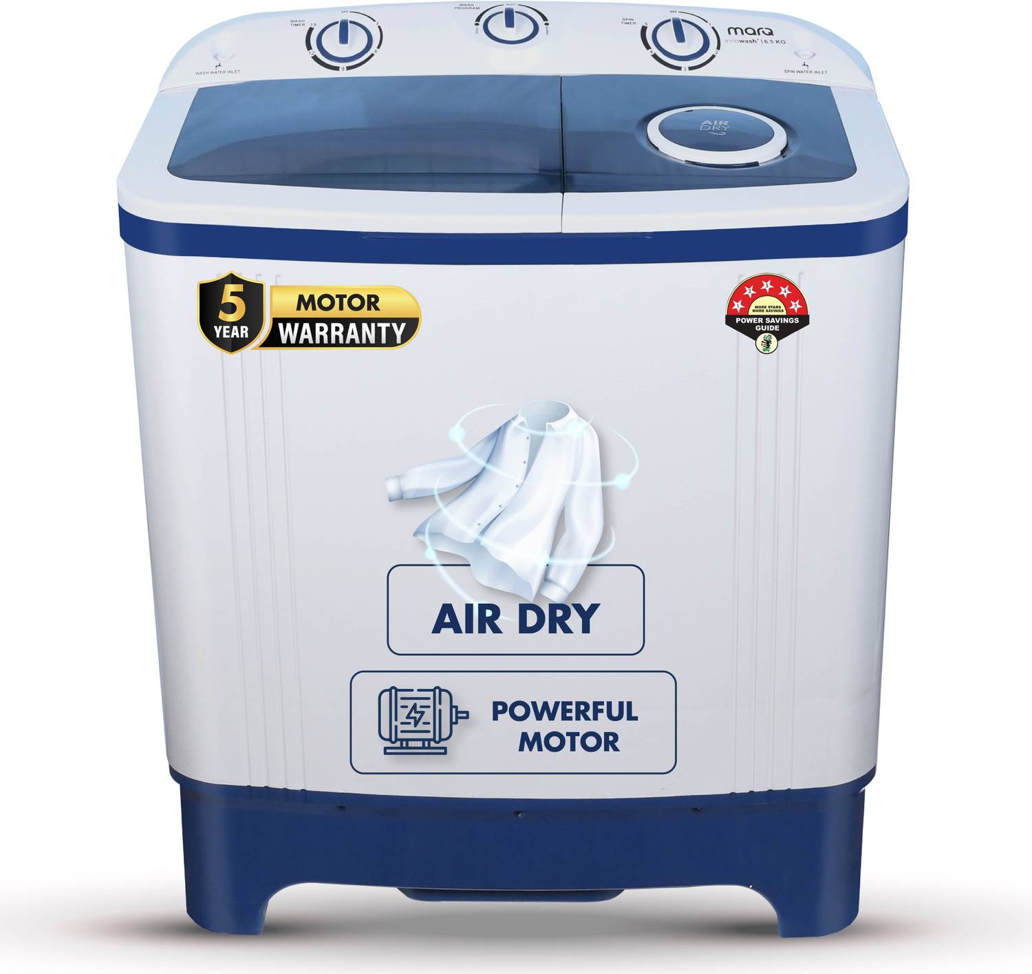MarQ by Flipkart 6.5 kg 5 Star Rating Innowash Range Semi Automatic Top Load Washing Machine Blue, White