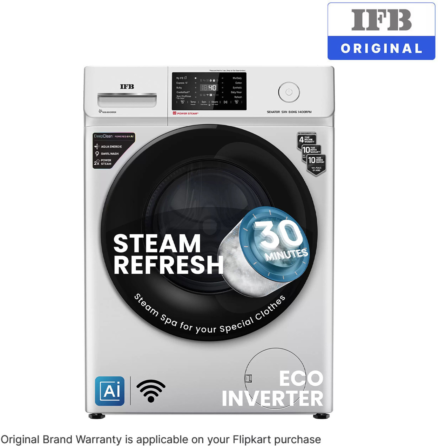 Image of IFB 8 kg 5 Star with Steam Refresh program, 9 Swirl Wash, Eco Inverter, Touch Panel with AI Fully Automatic Front Load Washing Machine with In-built Heater Silver