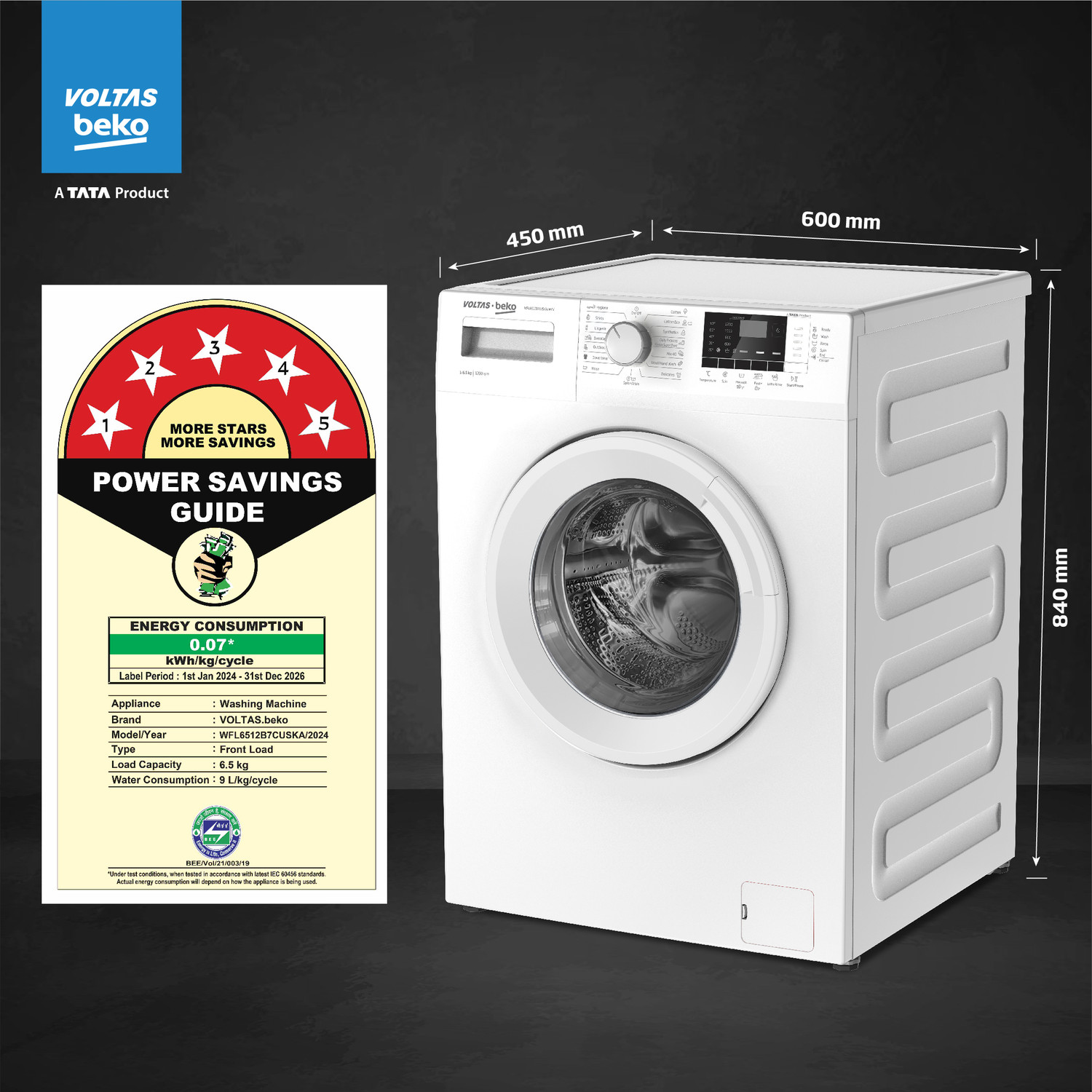 Image of Voltas Beko by A Tata Product 6.5 kg 5 Star Semi Automatic Top Load Washing Machine with In-built Heater White