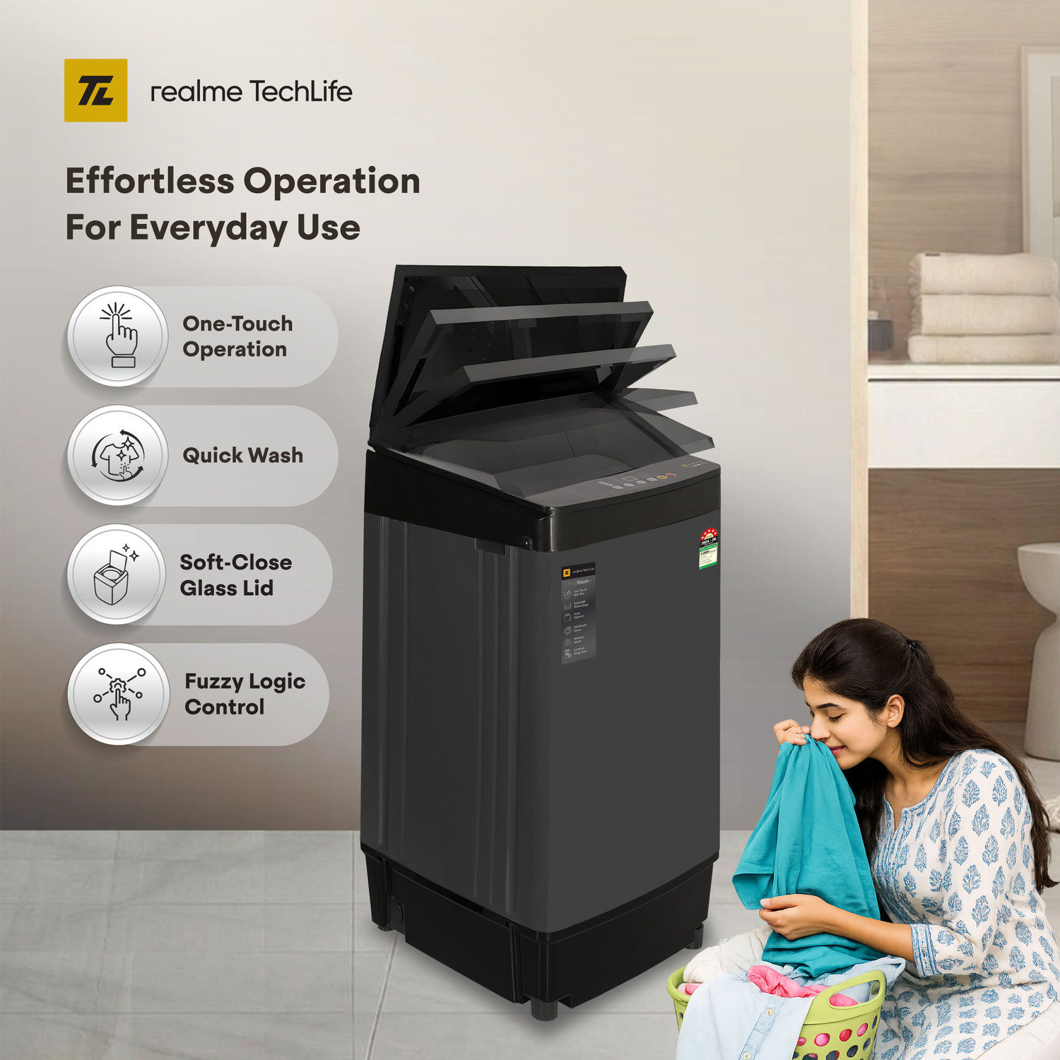 Image of realme TechLife 9 kg Fully Automatic Top Load Washing Machine Black, Grey