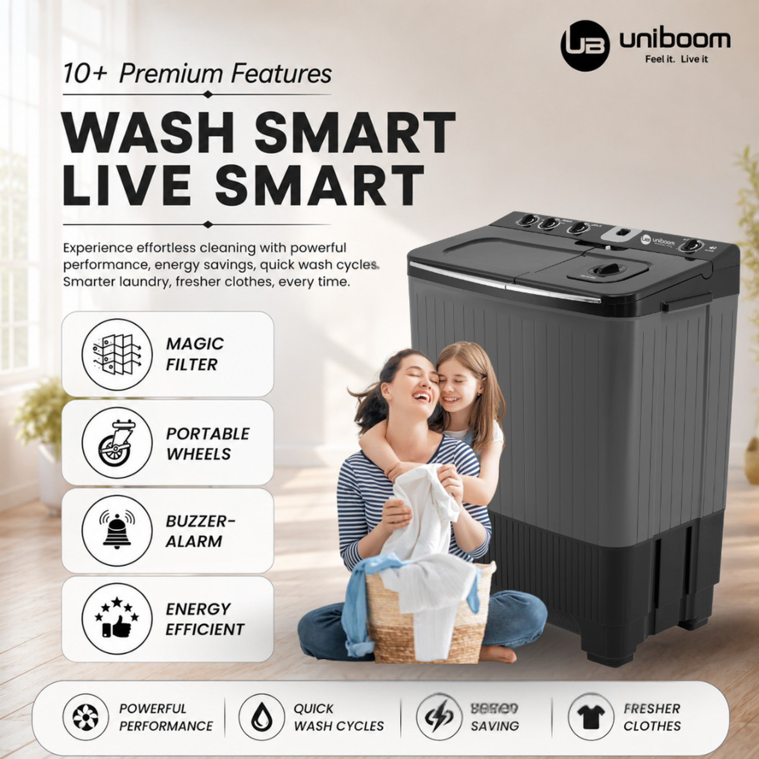 Image of Uniboom 10 kg Ultra Wash | Jet Dryer | Portable Wheels | Buzzer | Sleek Design | Magic Filter | Heavy Duty Motor Semi Automatic Top Load Washing Machine Grey, Black