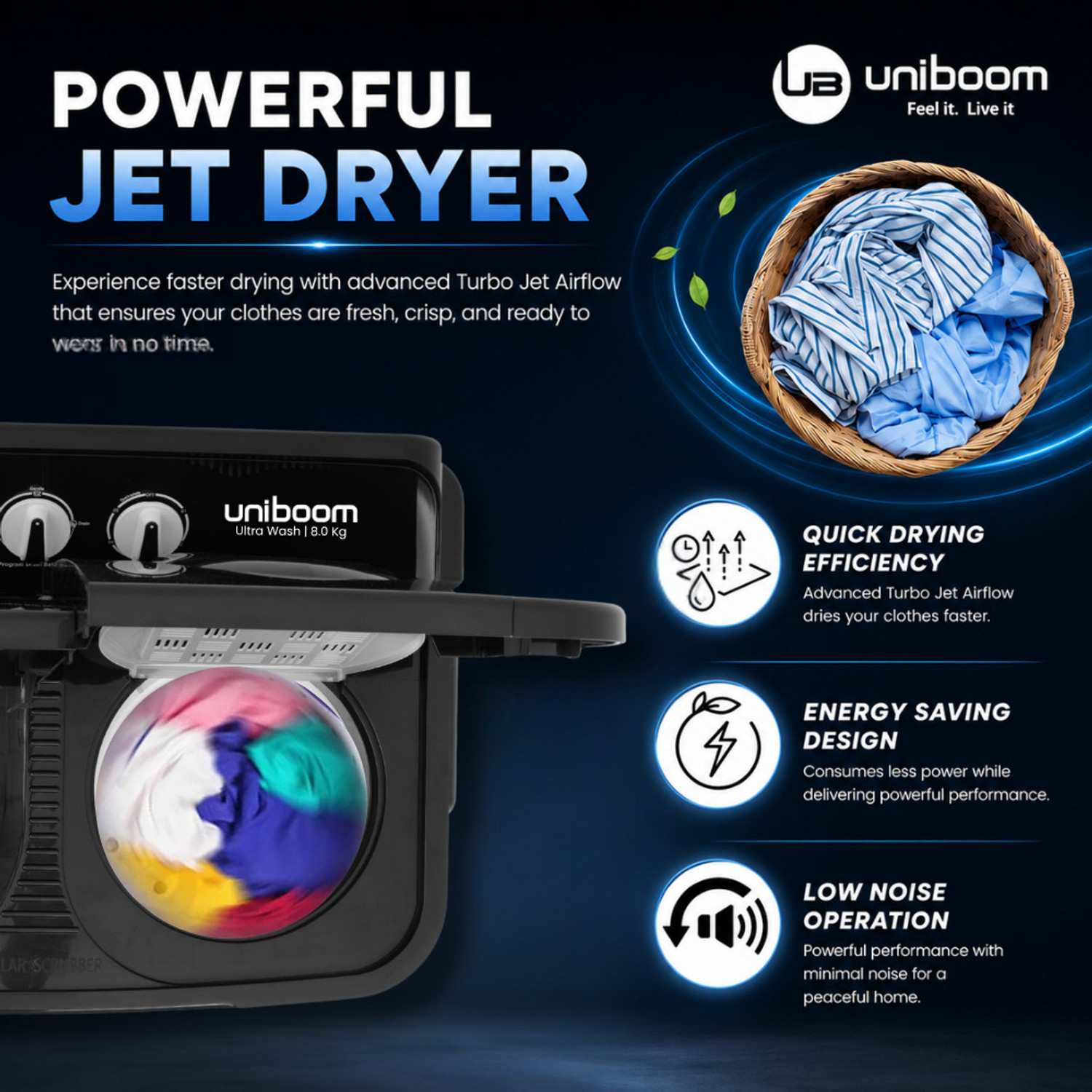 Image of Uniboom 8 kg Ultra Wash | Jet Dryer | Portable Wheels | Buzzer | Sleek Design | Magic Filter | Heavy Duty Motor Semi Automatic Top Load Washing Machine Grey, Black