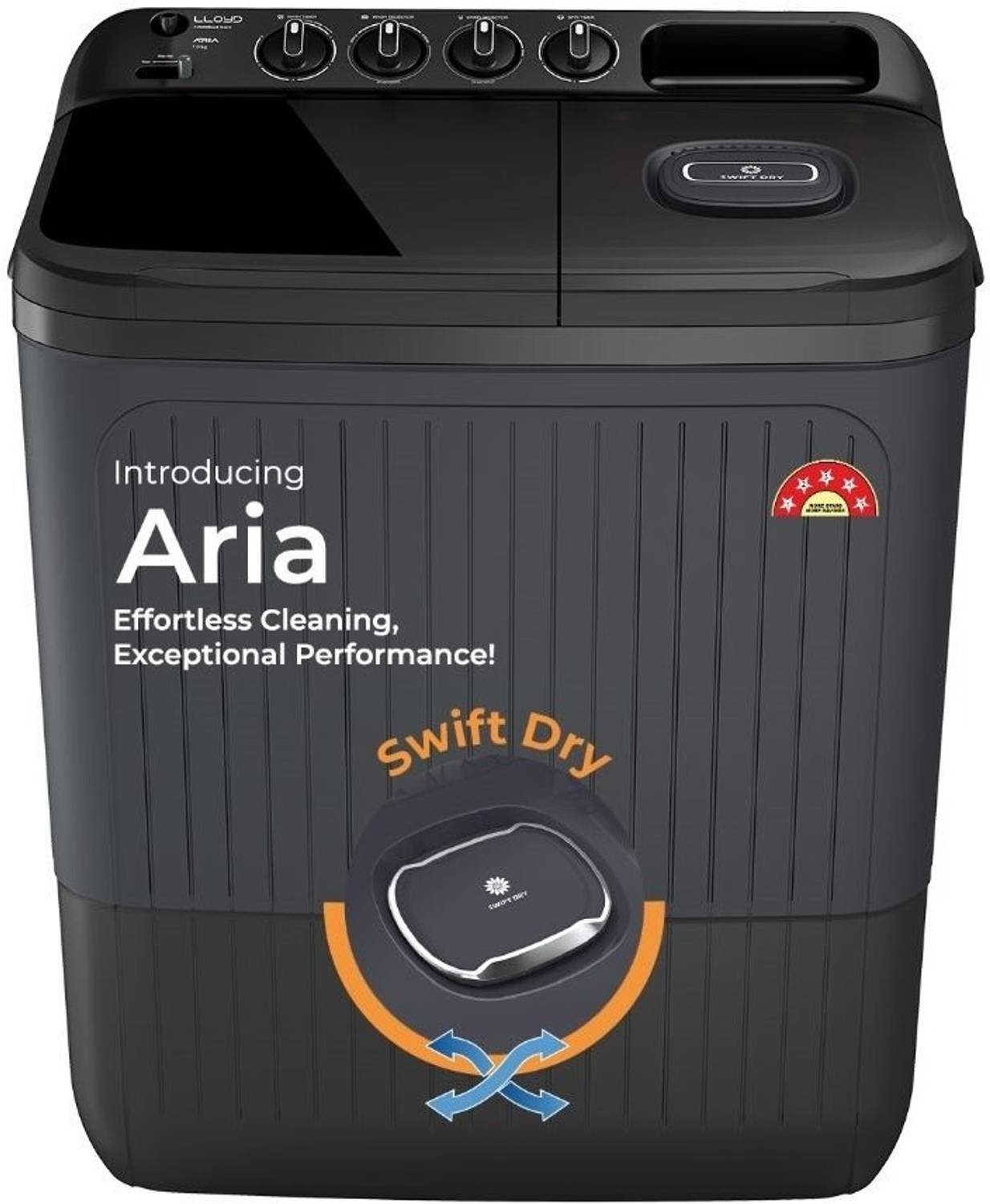 Lloyd 7 kg Semi Automatic Top Load Washing Machine Black, Grey