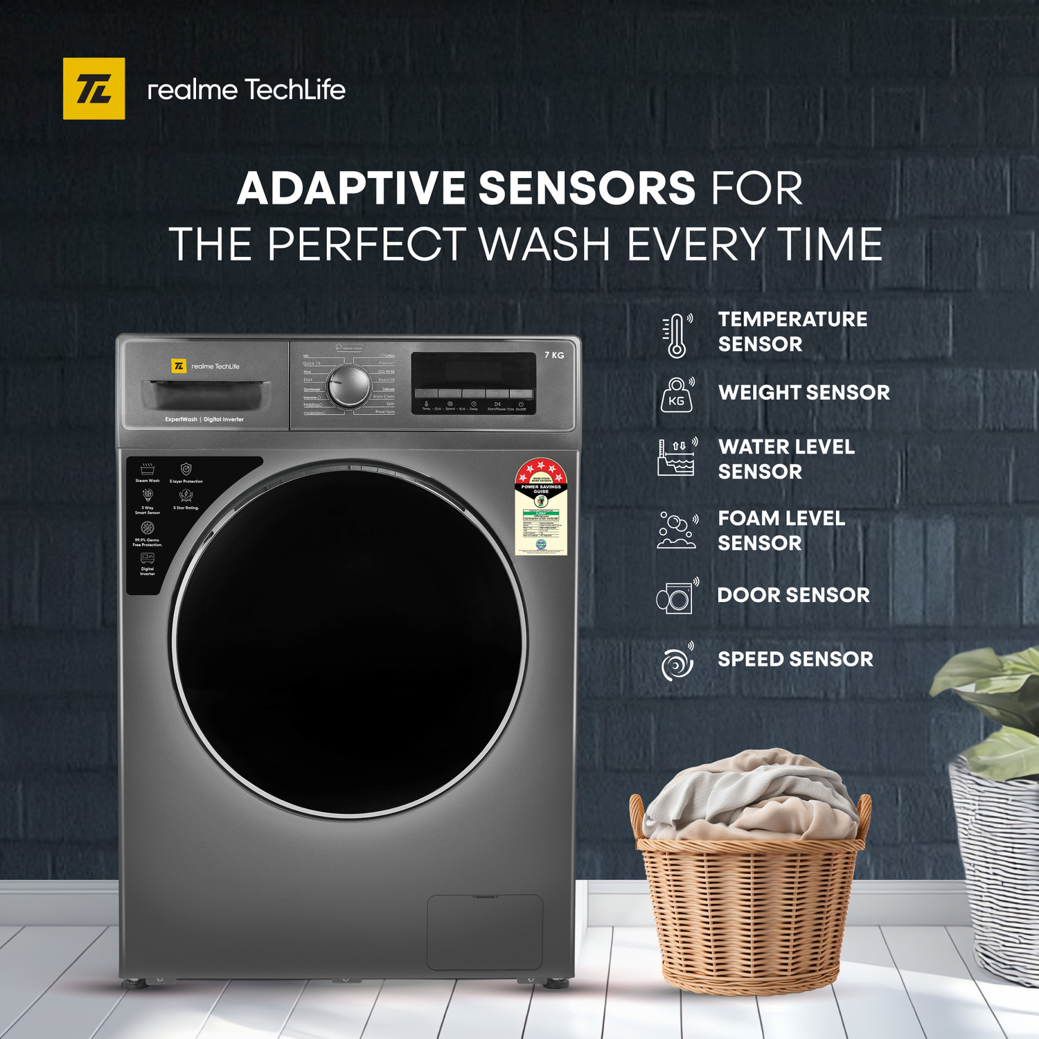 Image of realme TechLife 7 kg Fully Automatic Front Load Washing Machine with In-built Heater Grey