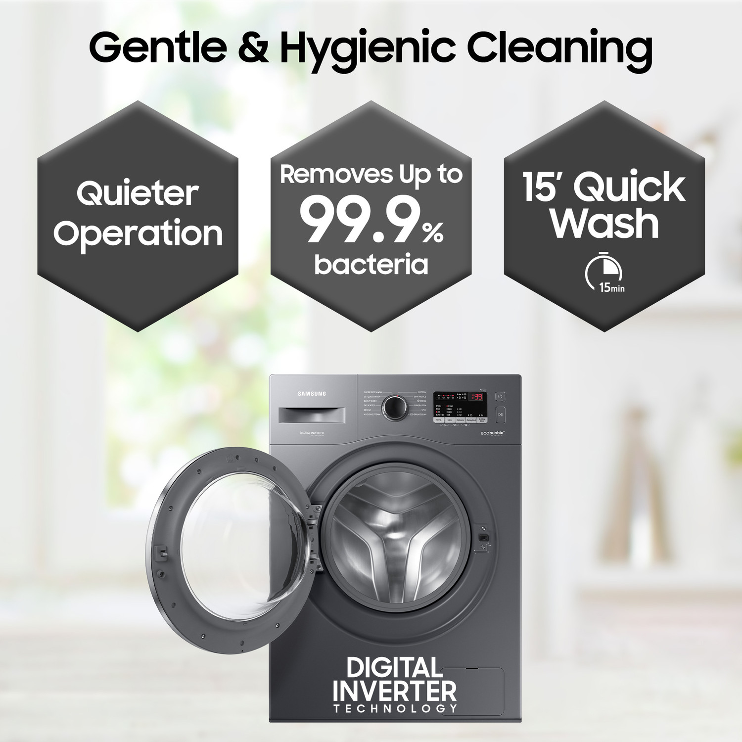 Image of Samsung 7 kg 5 star, EcoBubble Technology, Hygiene Steam Digital Inverter Fully Automatic Front Load Washing Machine with In-built Heater Grey