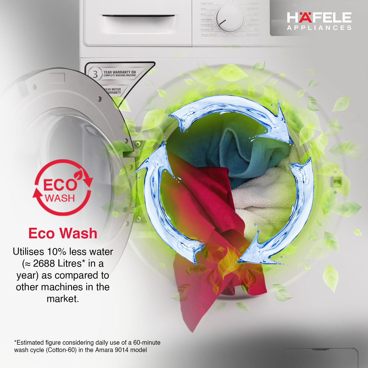 Image of Hafele 9 kg Fully Automatic Front Load Washing Machine with In-built Heater White