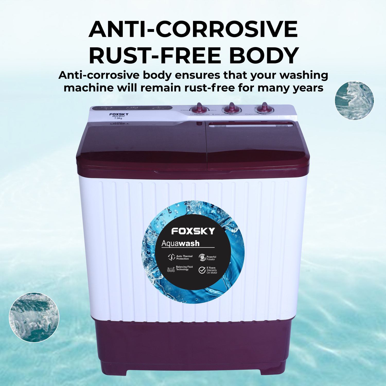 Image of FOXSKY 7.5 kg Semi Automatic Top Load Washing Machine White, Maroon