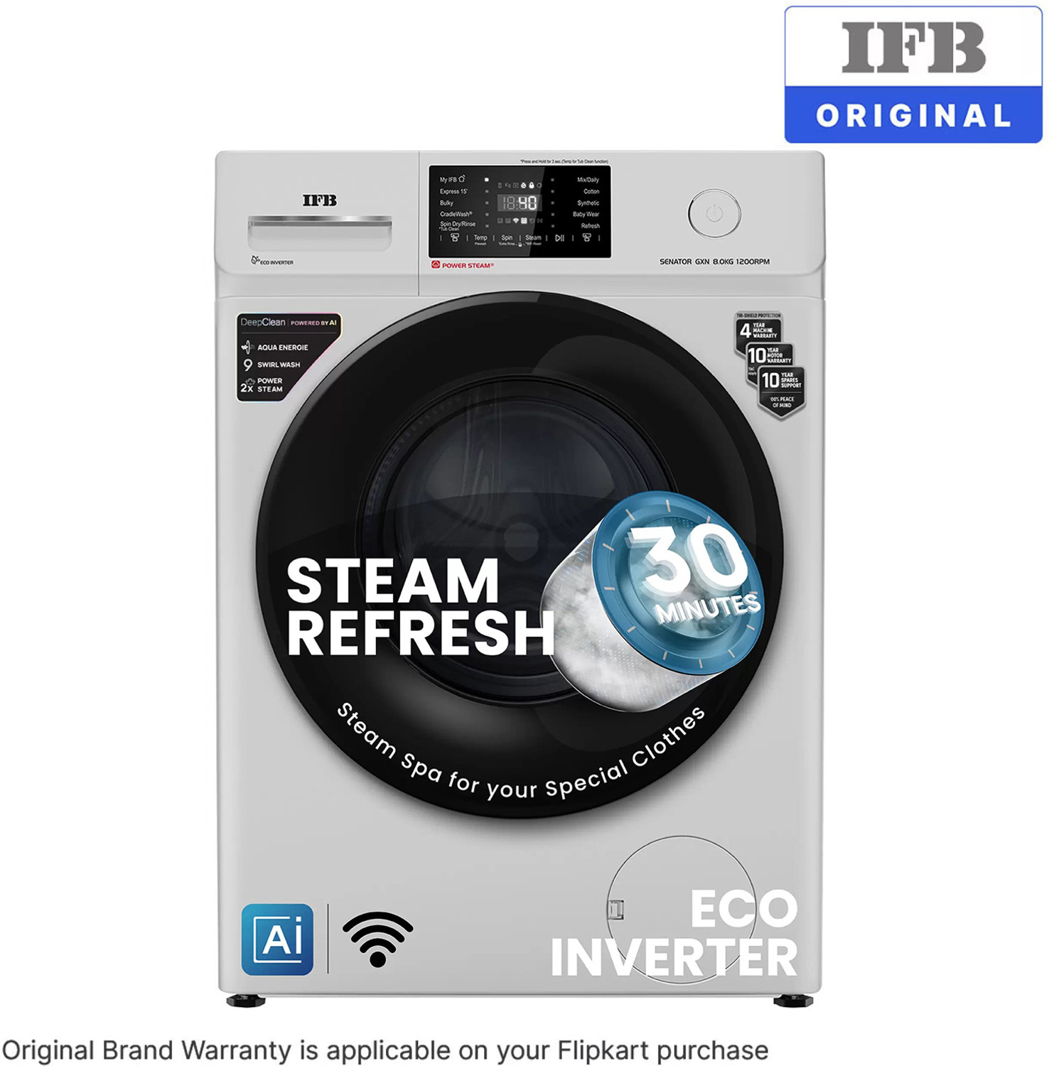 Image of IFB 8 kg 5 Star with Steam Refresh program, 9 Swirl Wash, Eco Inverter, Touch Panel with AI Fully Automatic Front Load Washing Machine with In-built Heater White