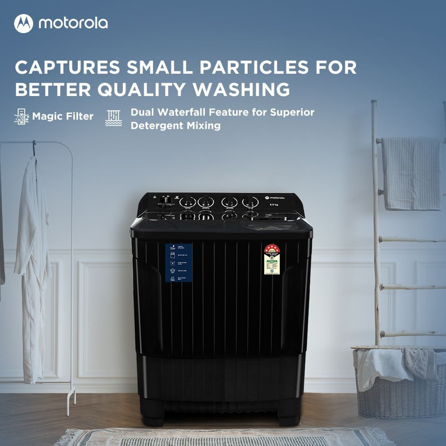 Image of MOTOROLA 8 kg 5 star rating Midnight Series Semi Automatic Top Load Washing Machine Black