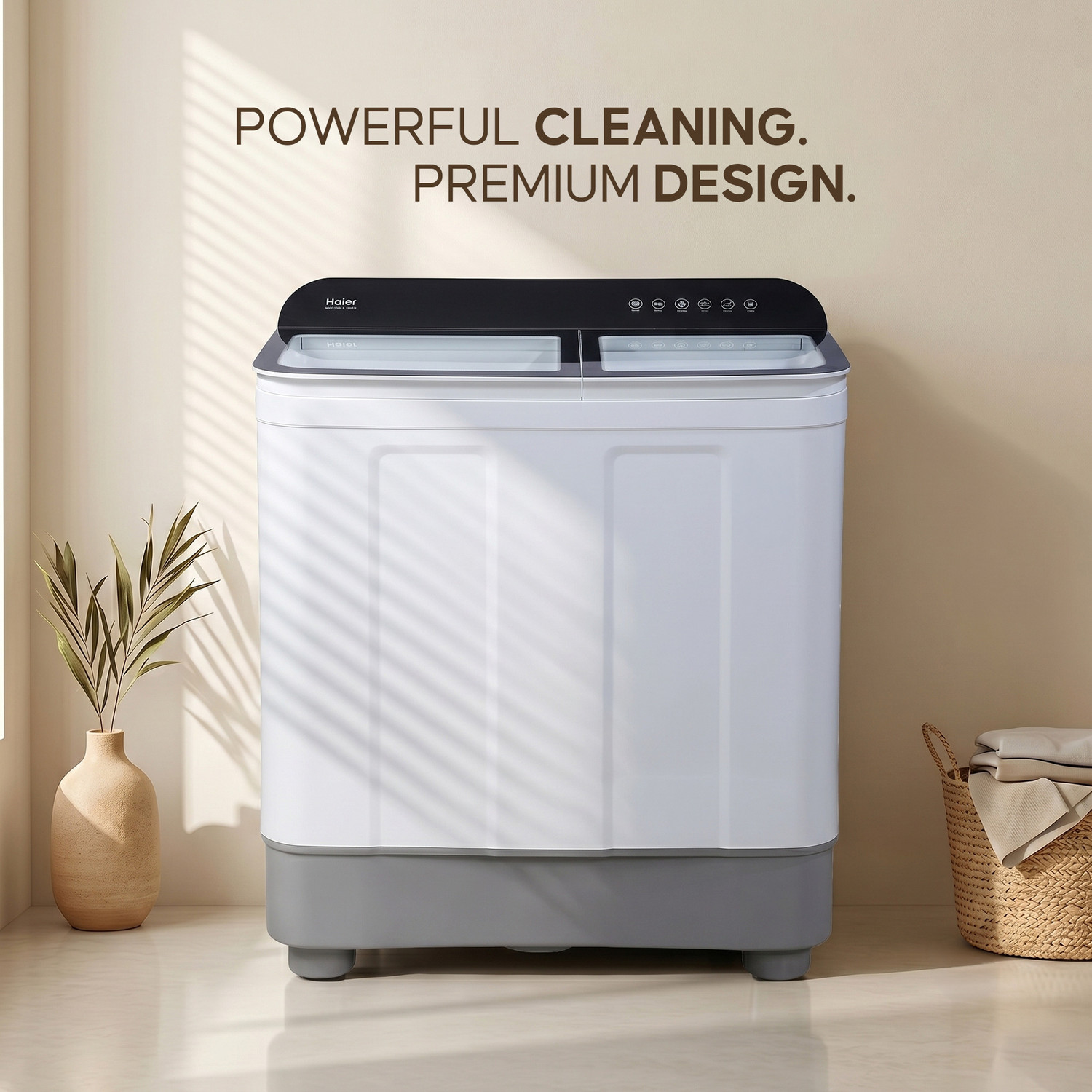 Image of Haier 10.5 kg Thunder Pulsator, Toughened Glass Lid, Oxyi Dry, Magic Filter & Castor Wheels Semi Automatic Top Load Washing Machine White