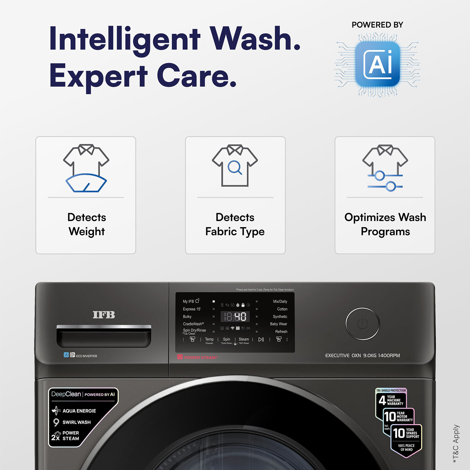 Image of IFB 9 kg with 9 Swirl Wash, 2x Power Steam, 30 Min Steam Refresh Program, Eco Inverter Motor, WiFi Enabled, DeepClean Powered by Ai Fully Automatic Front Load Washing Machine with In-built Heater Black