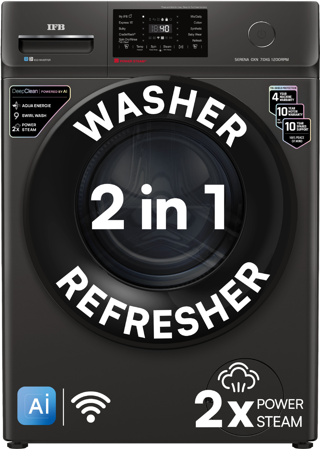 Image of IFB 7 kg 5 Star with Steam Refresh Program, 9 Swirl wash, Eco Inverter, Powered by AI with WiFi Fully Automatic Front Load Washing Machine with In-built Heater Black