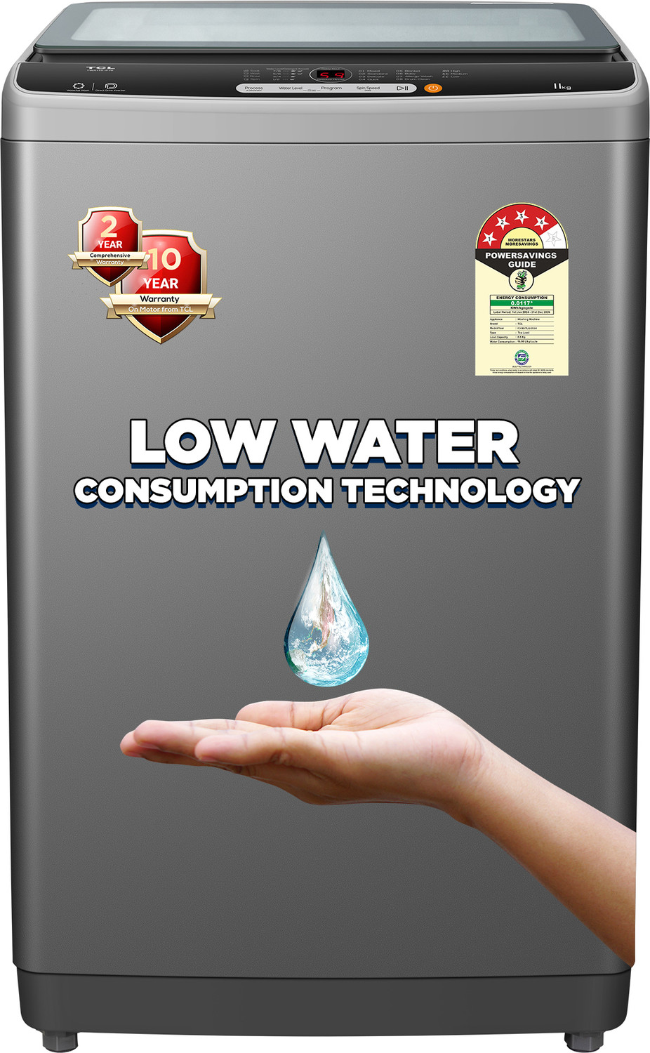 Image of TCL 8.5 kg 8 Wash Program Magic Filter, Powerful Dispenser with Full Glass Damping Lid Fully Automatic Top Load Washing Machine Grey