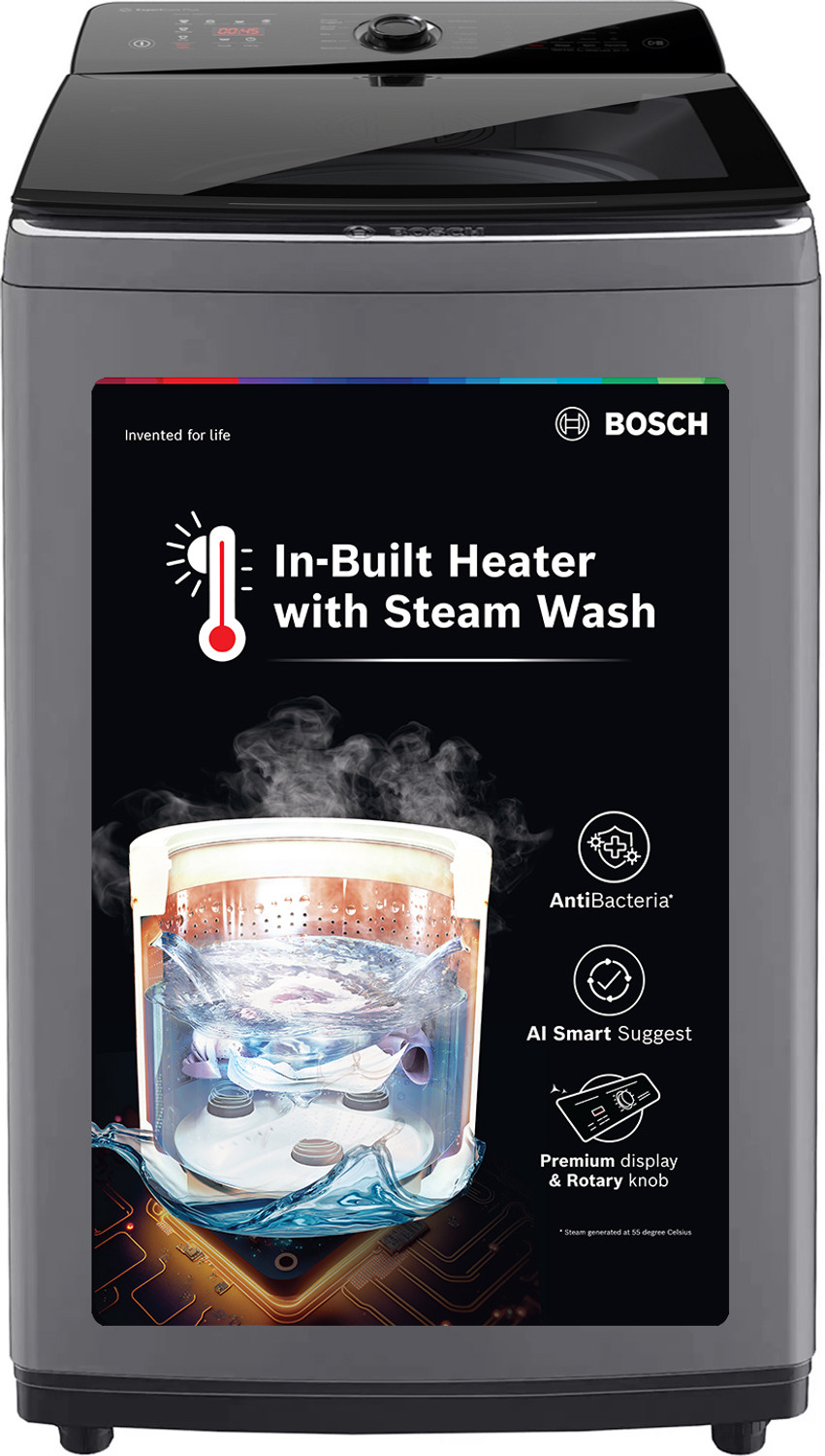 Image of BOSCH 8 kg Fully Automatic Top Load Washing Machine with In-built Heater Black, Grey