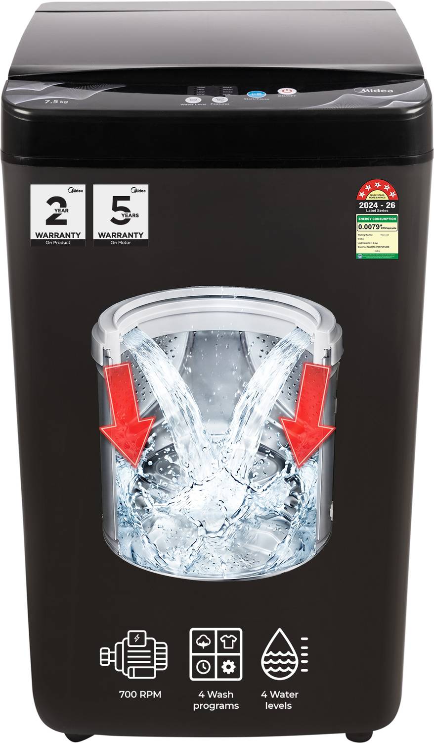 Midea 7.5 kg Fully Automatic Top Load Black (MWMTL075FP0PNMB)