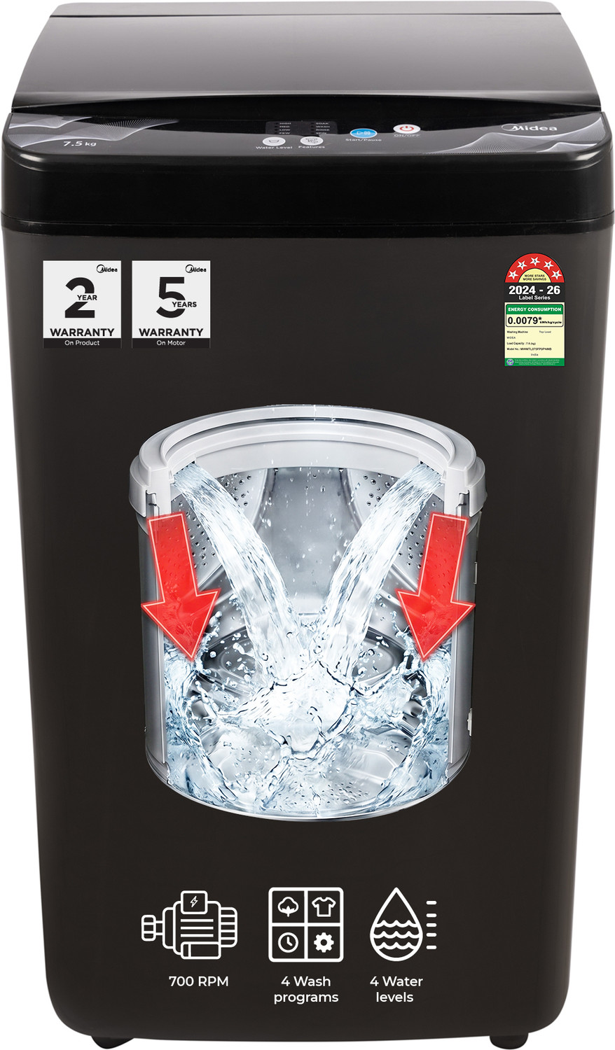 Image of Midea 7.5 kg Fully Automatic Top Load Black (MWMTL075FP0PNMB)