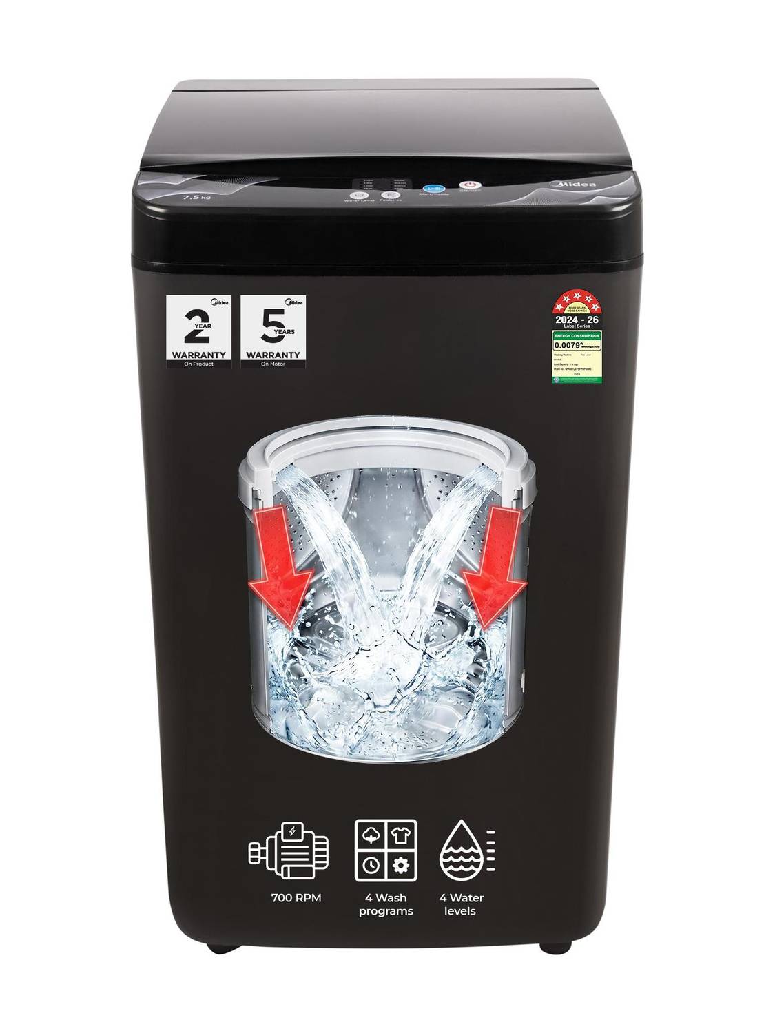 Midea 7.5 kg Fully Automatic Top Load Washing Machine, Black at ₹10,490 (47% Off) – Flipkart