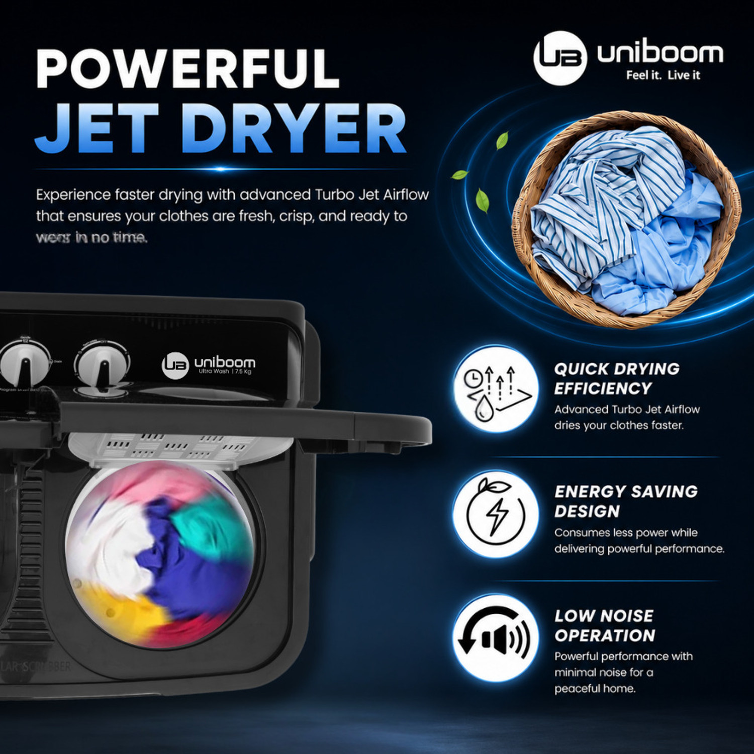 Image of Uniboom 7.5 kg Ultra Wash | Jet Dryer | Portable Wheels | Buzzer | Sleek Design | Magic Filter | Heavy Duty Motor Semi Automatic Top Load Washing Machine Grey, Black