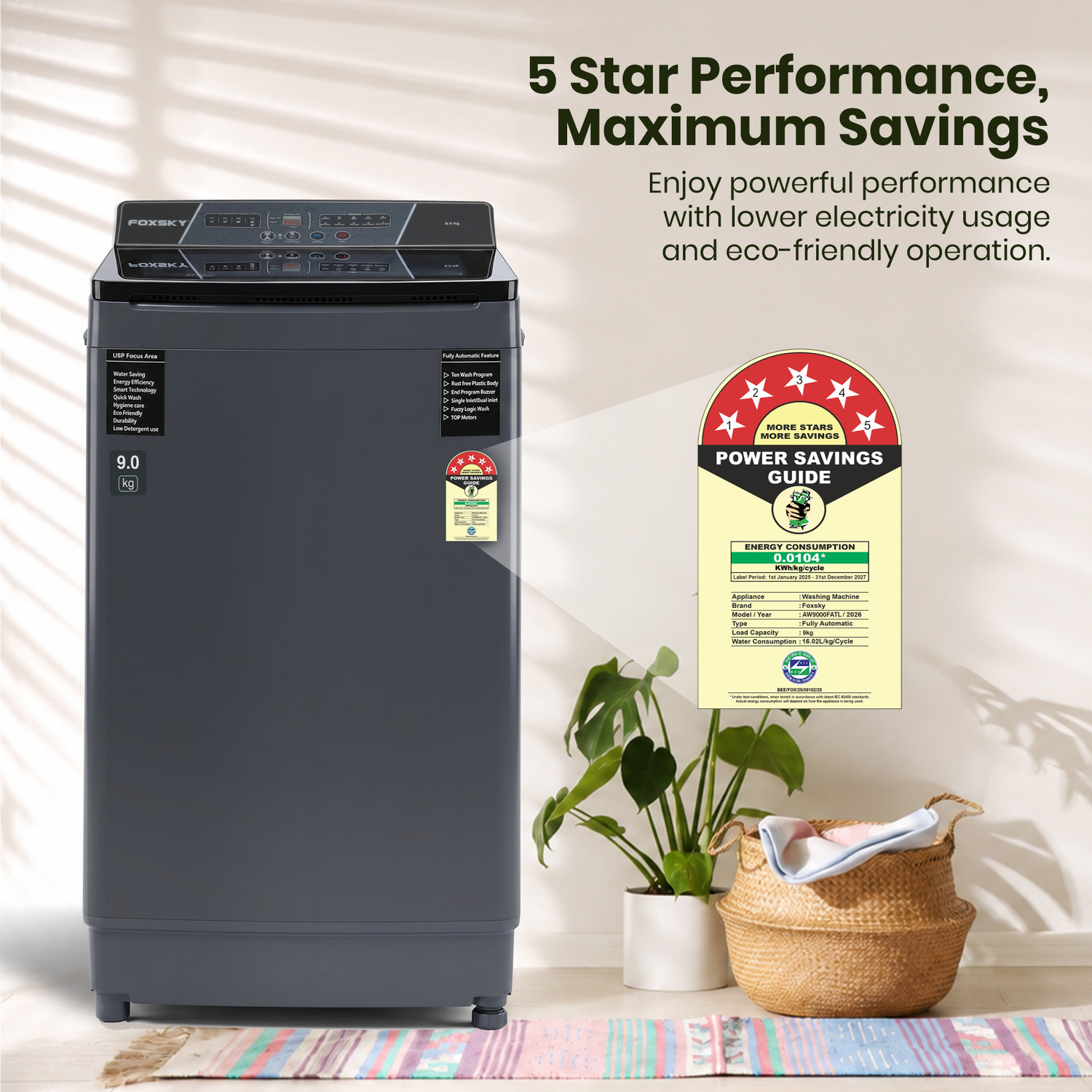 Image of FOXSKY 9 kg Fully Automatic Top Load Washing Machine Grey