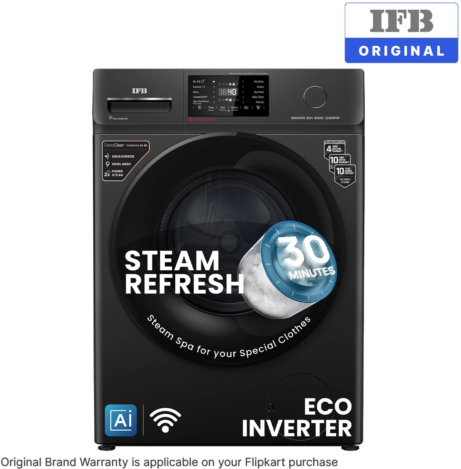 Image of IFB 8 kg 5 Star with Steam Refresh program, 9 Swirl Wash, Eco Inverter, Touch Panel with AI Fully Automatic Front Load Washing Machine with In-built Heater Black