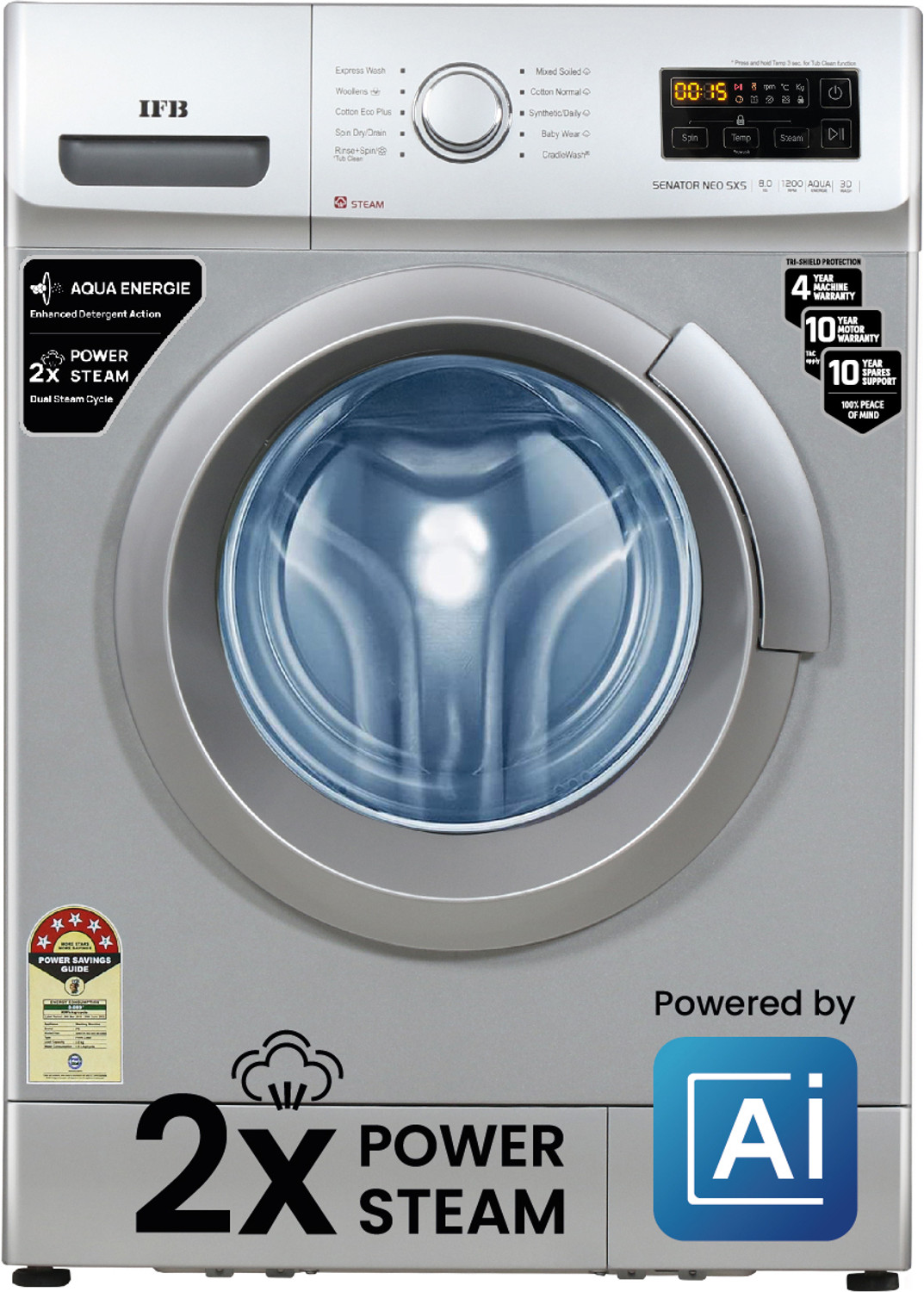 Image of IFB 8 kg Powered by AI, 5 Star,� with2x Steam Cycle Fully Automatic Front Load Washing Machine with In-built Heater Silver