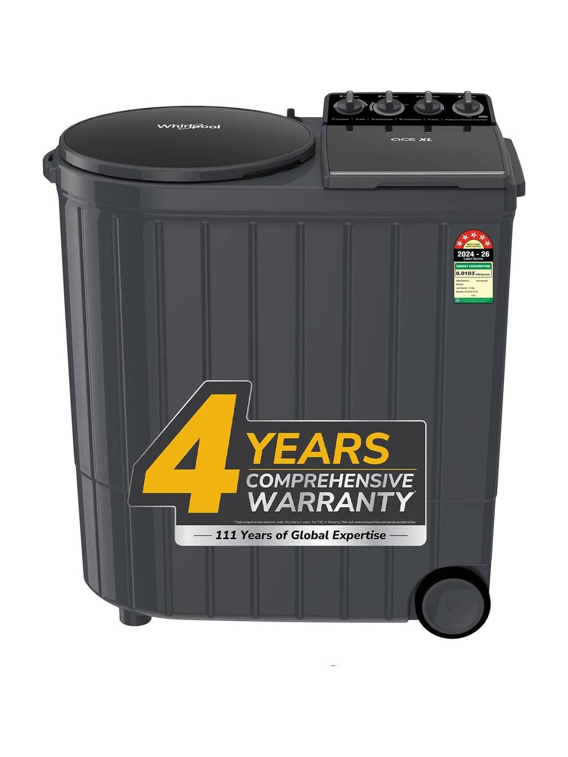 Whirlpool 11 kg 5 Star with Auto Restart, End of Cycle Buzzer and Faster Drying Semi Automatic Top Load Washing Machine Black, Grey