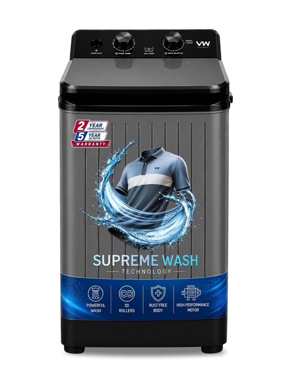 VW 8.5 kg Semi-Automatic Top Load Washer only Grey