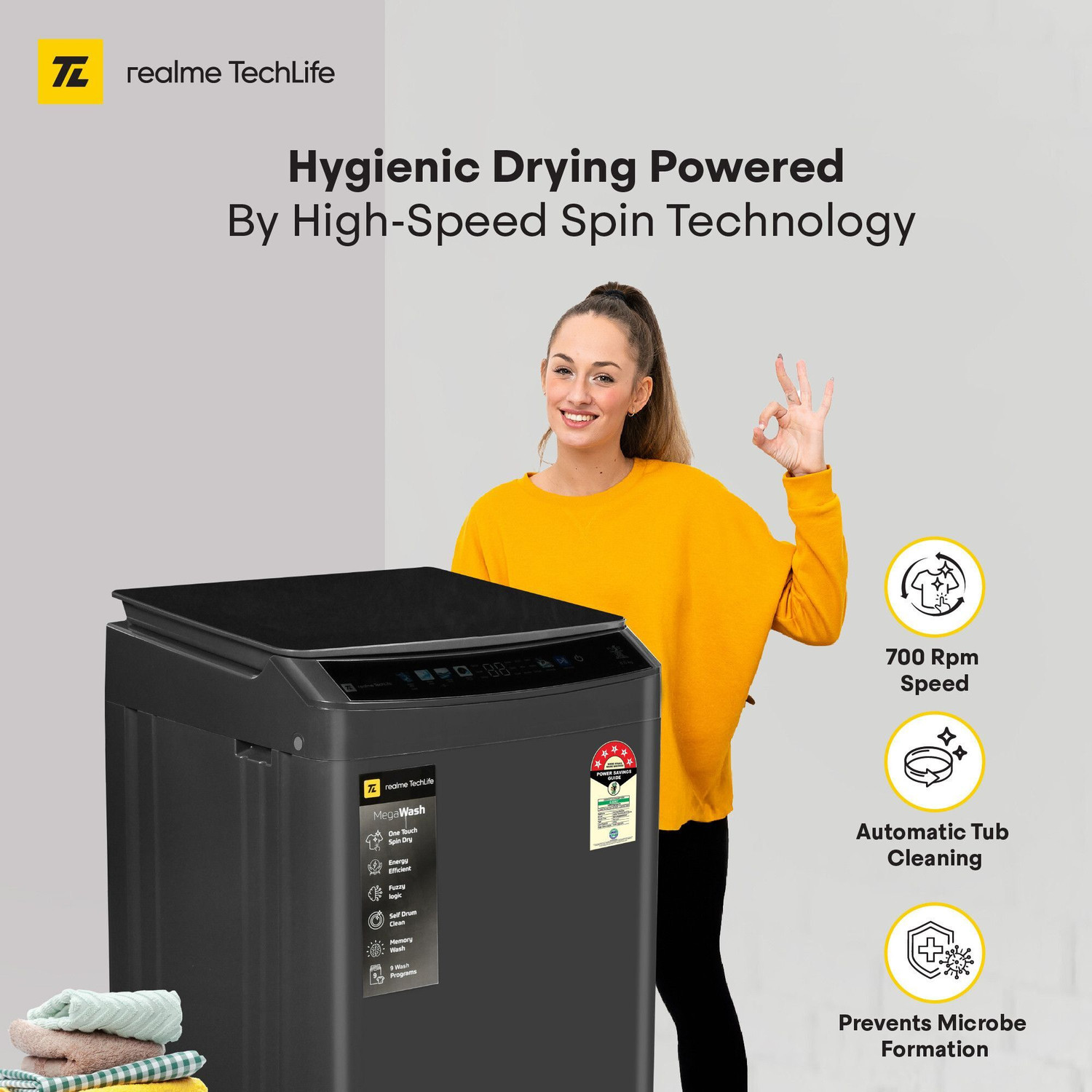 Image of realme TechLife 8.5 kg 5 Star, Touch Screen Panel with Anti-Bacterial (Silver+ Wash) Fully Automatic Top Load Washing Machine Grey