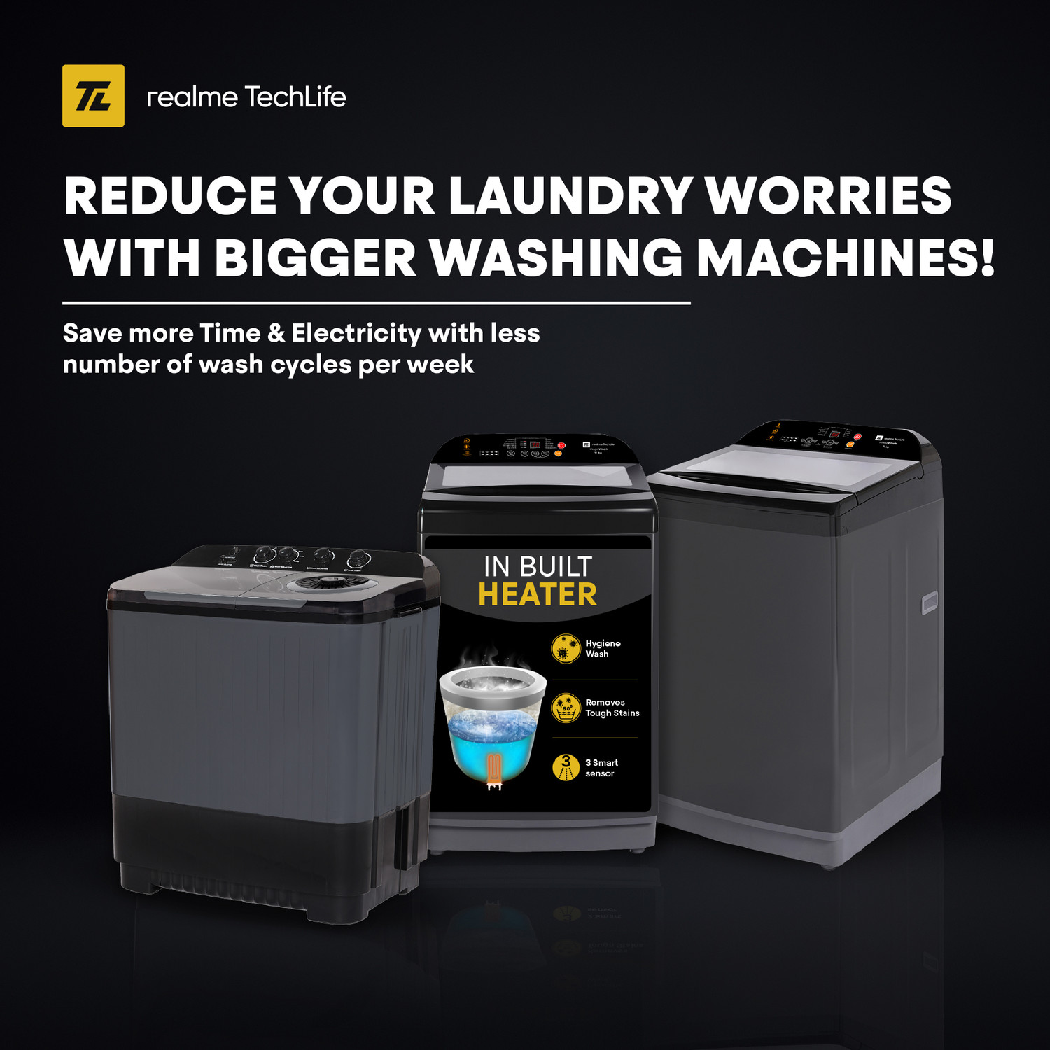 Image of realme TechLife 11 kg MegaWash Range Fully Automatic Top Load Washing Machine Black, Grey