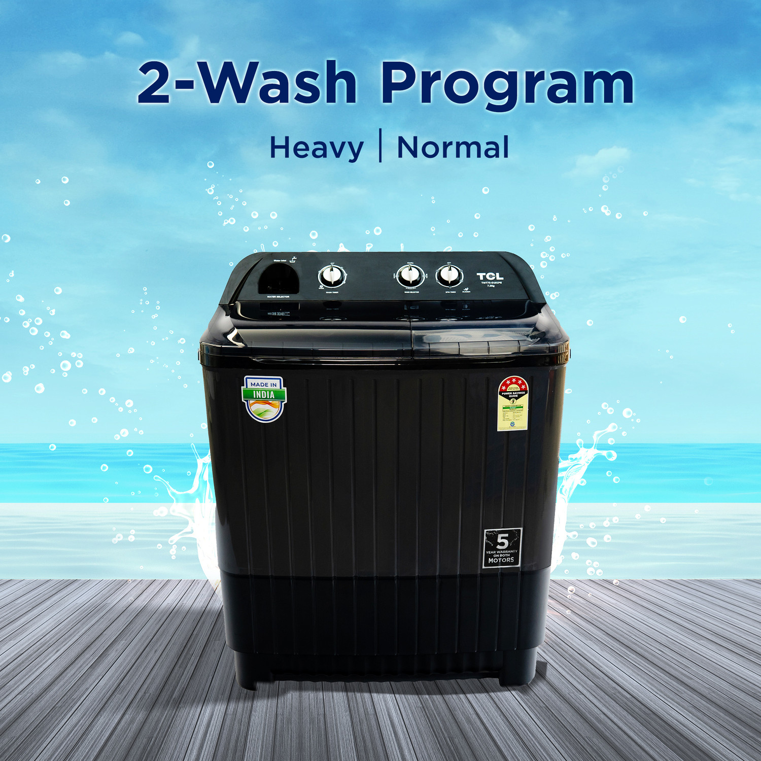 Image of TCL 7.5 kg 5 Star with Extra Powerful Motor Lint Filter, Fast Dry Semi Automatic Top Load Washing Machine Grey