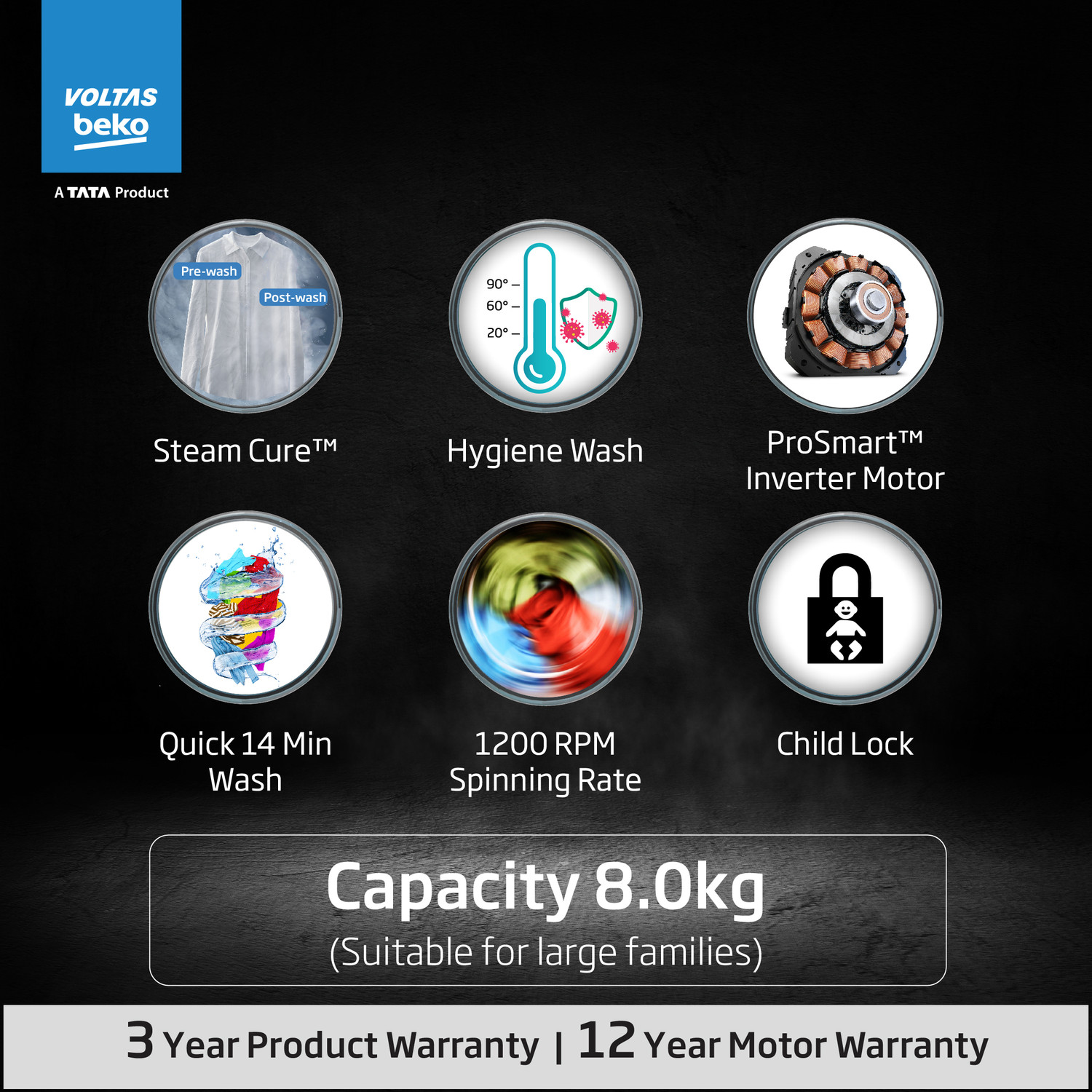 Image of Voltas Beko by A Tata Product 8 kg 5 Star Fully Automatic Front Load Washing Machine with In-built Heater Grey