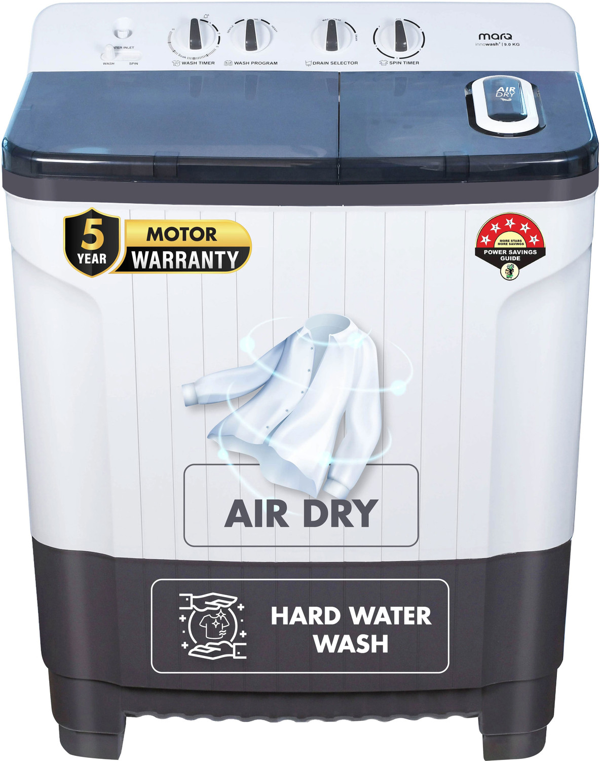 Image of MarQ by Flipkart 9 kg 5 Star Rating Innowash Range Semi Automatic Top Load Washing Machine White, Grey