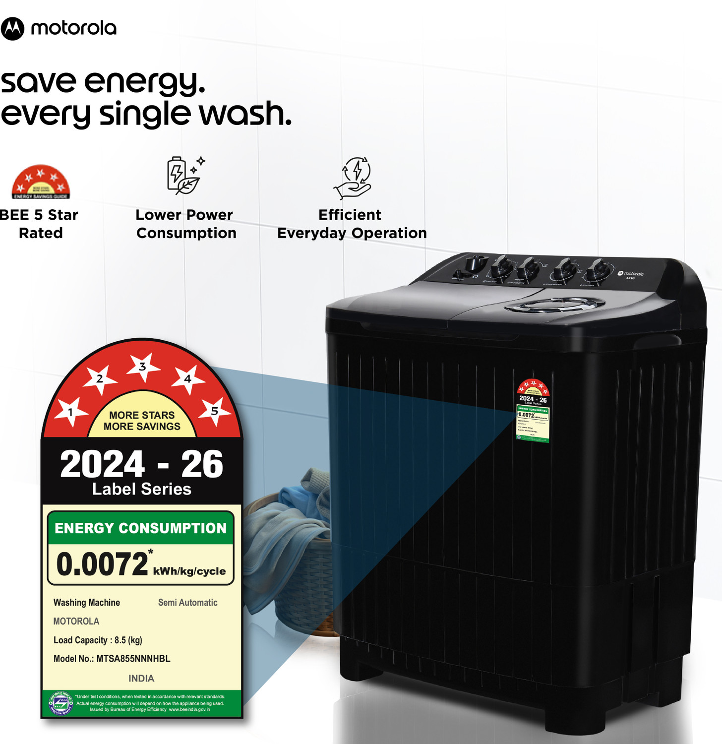 Image of MOTOROLA 8.5 kg Semi Automatic Top Load Washing Machine Black