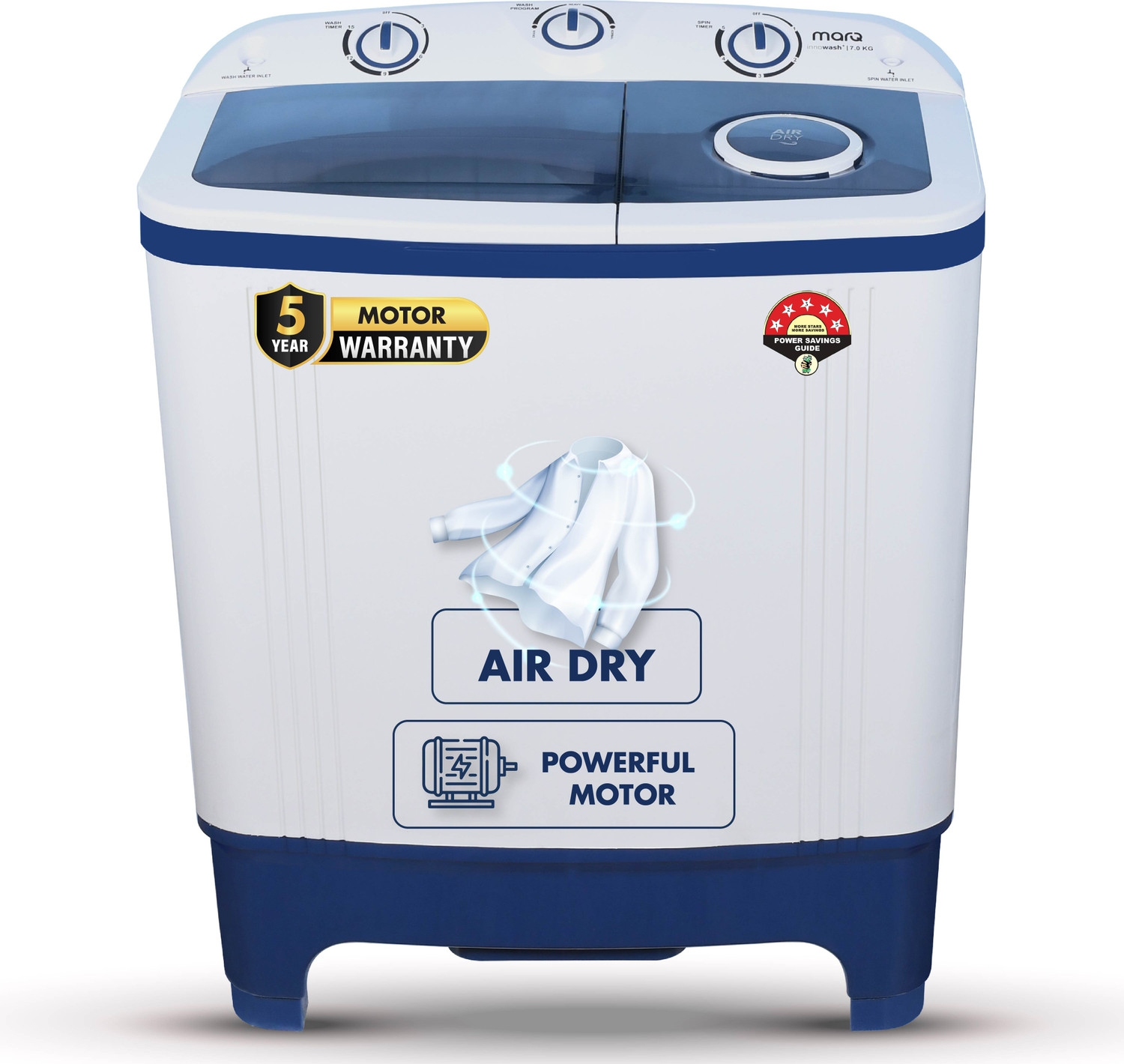 Image of MarQ by Flipkart 7 kg 5 Star Rating Innowash Range Semi Automatic Top Load Washing Machine Blue, White