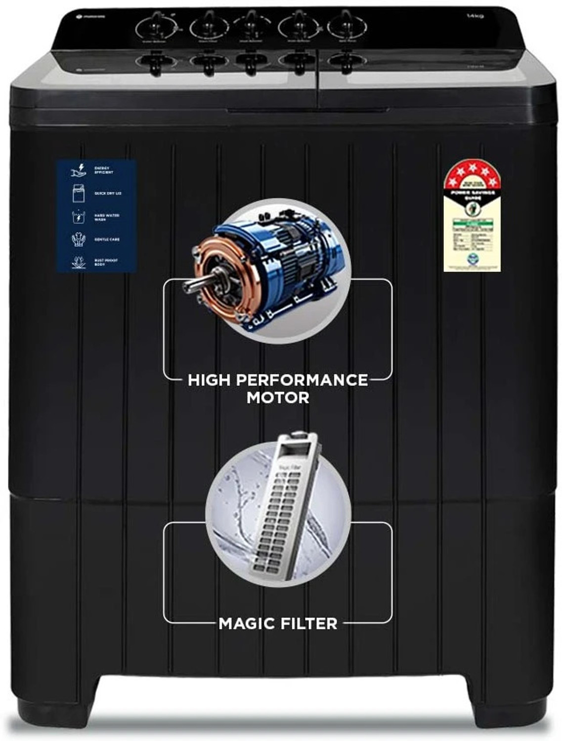 Image of MOTOROLA 14 kg 5 star rating Midnight Series Soft closing Glass lid Semi Automatic Top Load Washing Machine Black