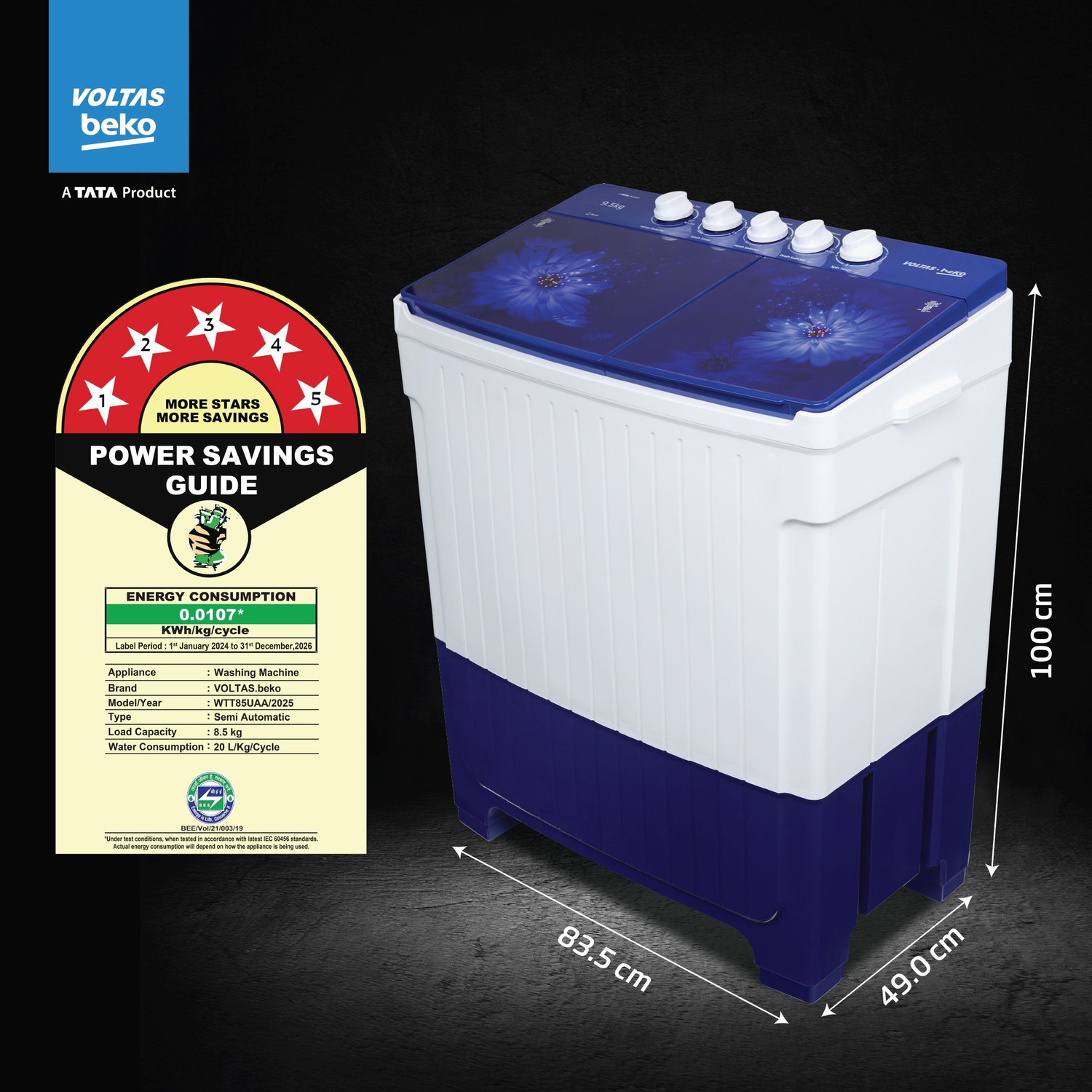 Image of Voltas Beko by A Tata Product 9.5 kg 5 Star Semi Automatic Top Load Washing Machine Blue