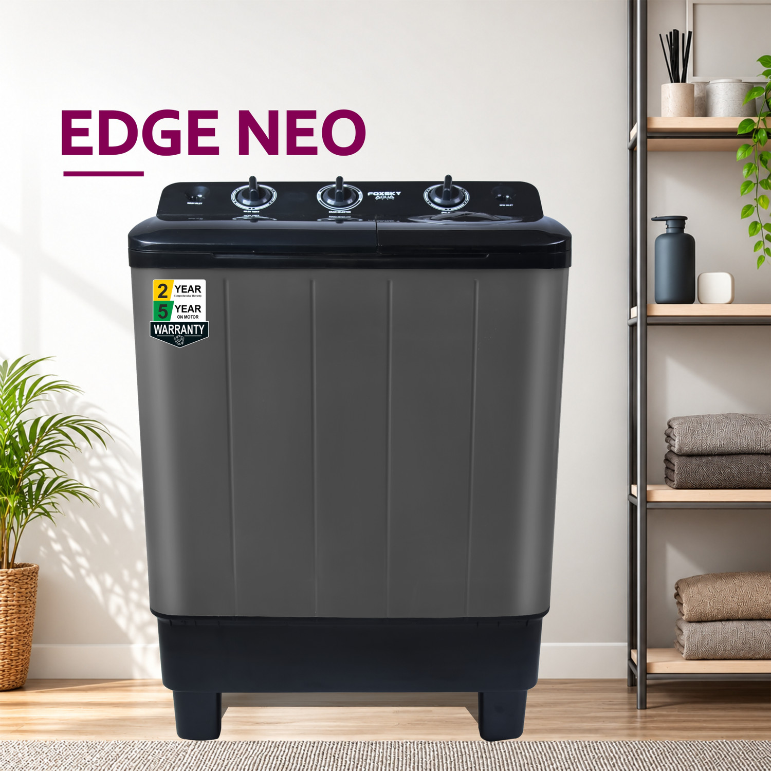 Image of FOXSKY 6.5 kg Semi Automatic Top Load Washing Machine Black