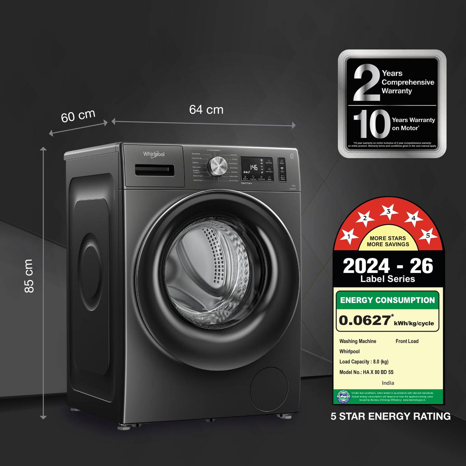 Whirlpool 8 kg 5 Star Inverter Steam Front Load Washing Machine Grey - Image 2