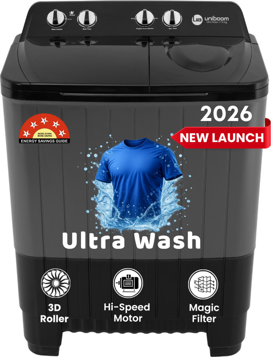 Image of Uniboom 7.5 kg Ultra Wash | Jet Dryer | Portable Wheels | Buzzer | Sleek Design | Magic Filter | Heavy Duty Motor Semi Automatic Top Load Washing Machine Grey, Black