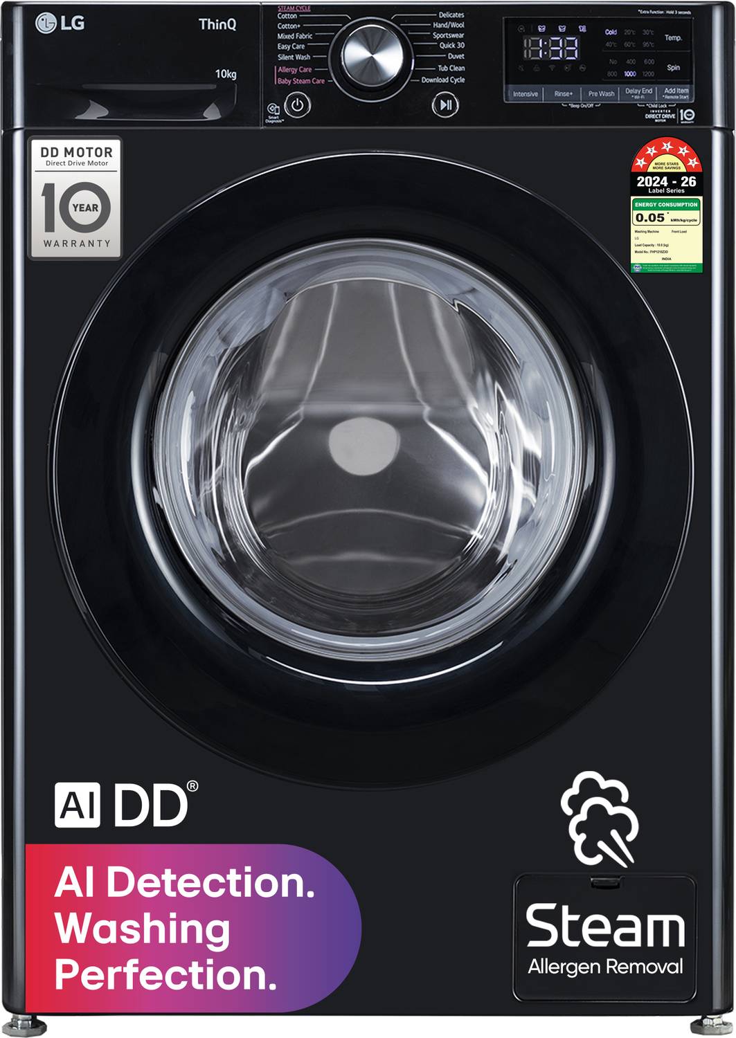 LG 10 kg Fully Automatic Front Load Washing Machine with In-built Heater Black