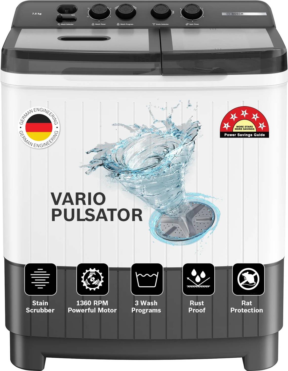 BOSCH 7.5 kg 5 Star with Vario Pulsator, Stain Scrubber & 1360 High RPM Spin Motor Semi Automatic Top Load Washing Machine Grey, White