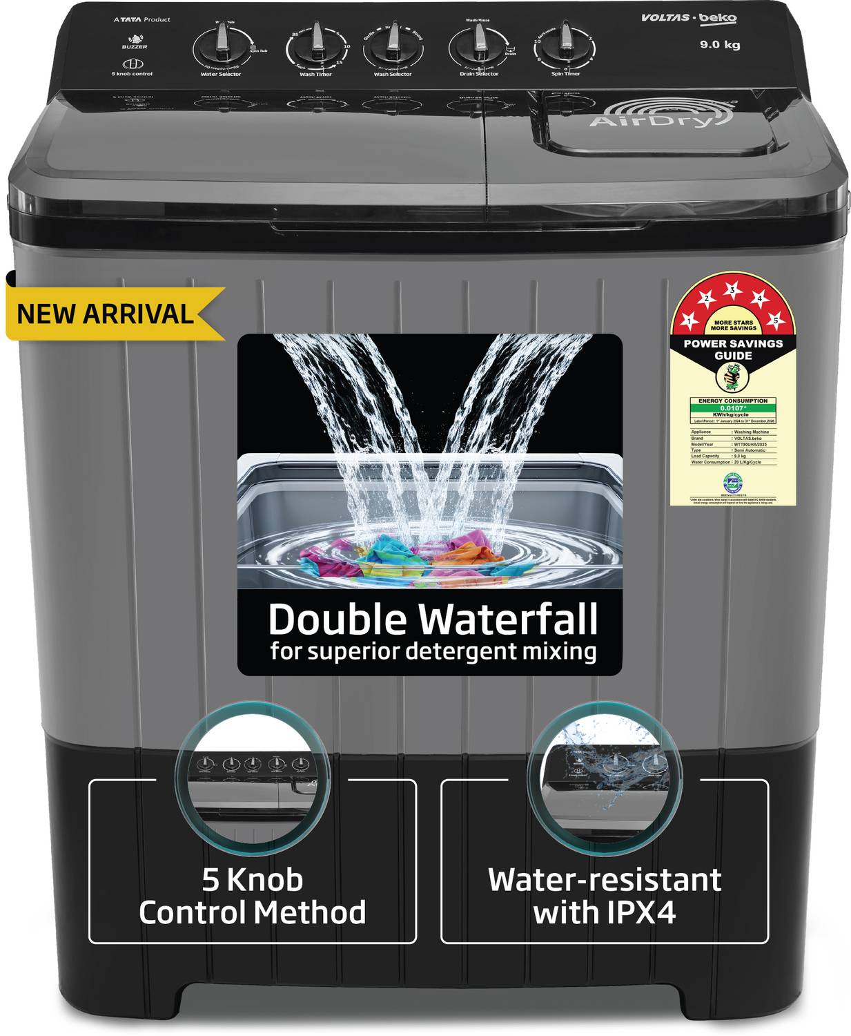 Voltas Beko 9 kg Semi Automatic Top Load Black, Grey (WTT90UHA/OK