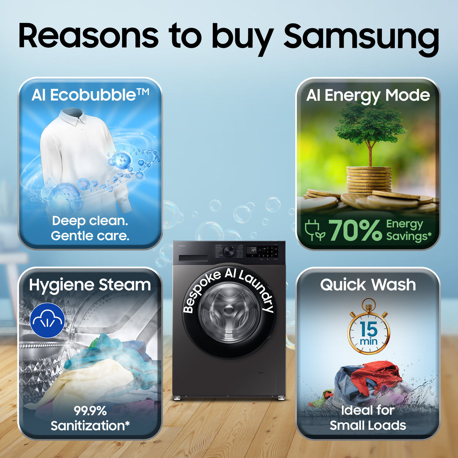 Image of Samsung 12 kg 5 Star, AI Ecobubble, Super Speed, Wi-Fi, Hygiene Steam, Digital Inverter Motor Fully Automatic Front Load Washing Machine with In-built Heater Black, Grey