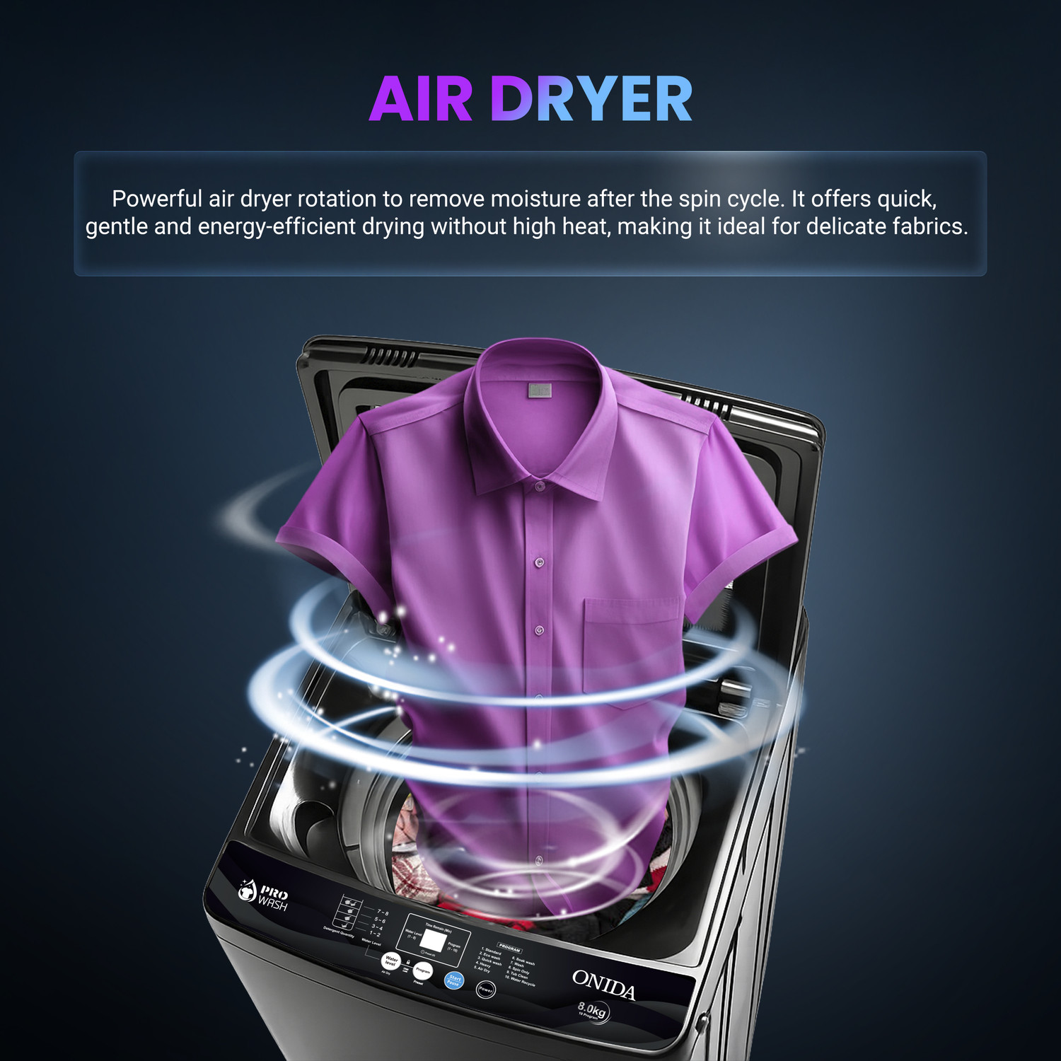 Image of ONIDA 8 kg 5 Star With Staineless Steel Drum, Air Dryer, Magic Filter Fully Automatic Top Load Washing Machine Black