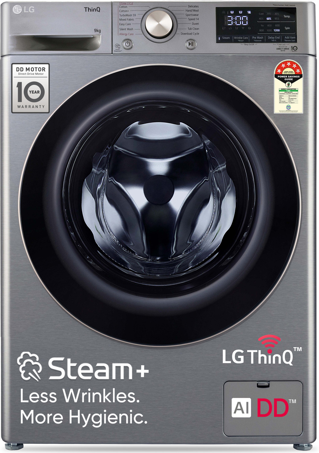 Image of LG 9 kg 5 Star, AI Direct Drive Technology, Wi-Fi Enabled, Steam+ With Wrinkle Care, Intelligent & Convenient Fabric Care, Allergy Care, In-Built Heater Fully Automatic Front Load Washing Machine with In-built Heater Grey
