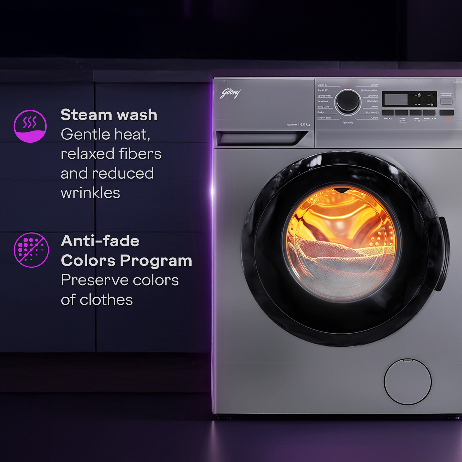 Image of Godrej 6 kg 5 Star, AI Tech, Steam Wash Fully Automatic Front Load Washing Machine with In-built Heater Grey