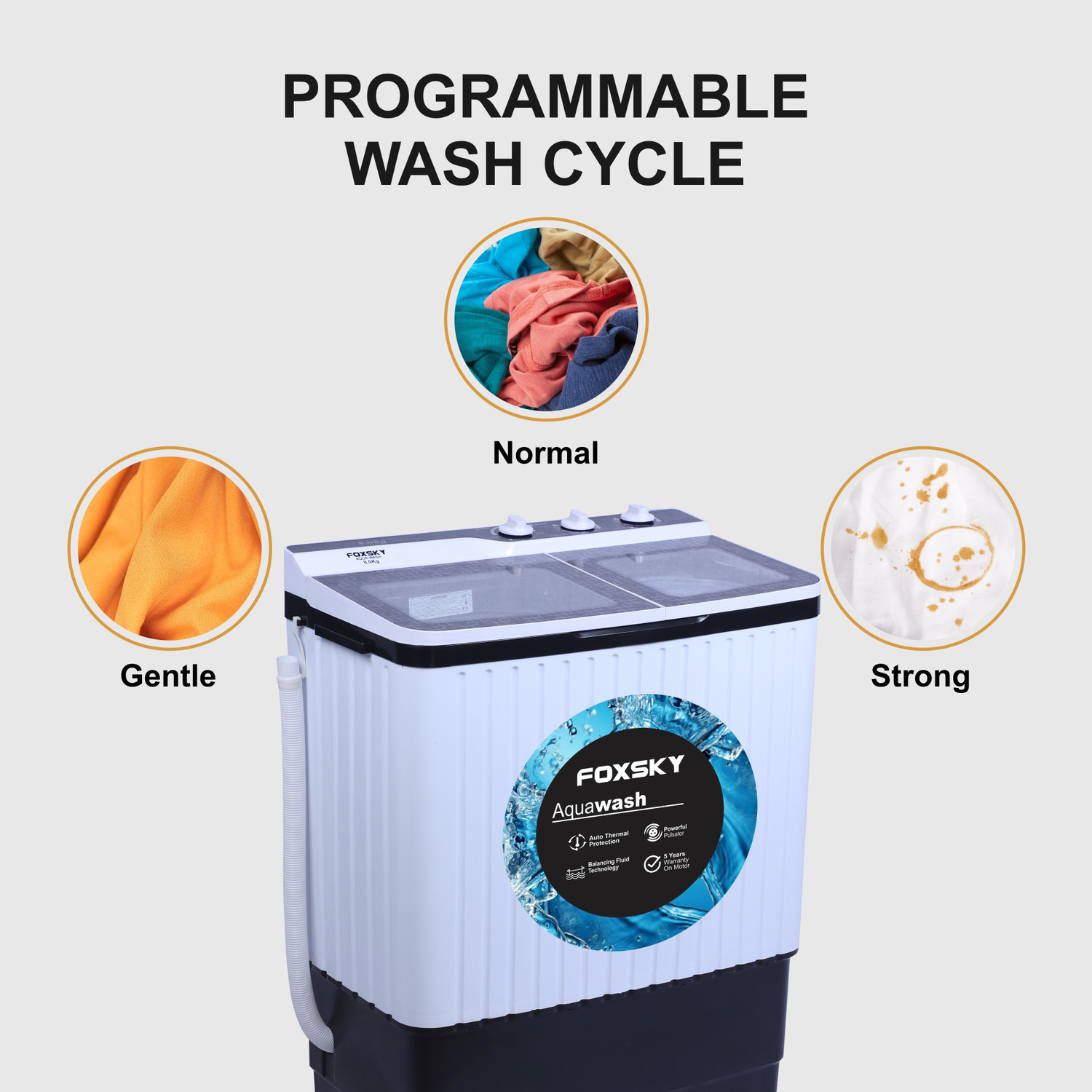 Image of FOXSKY 8 kg Semi Automatic Top Load Washing Machine White, Black