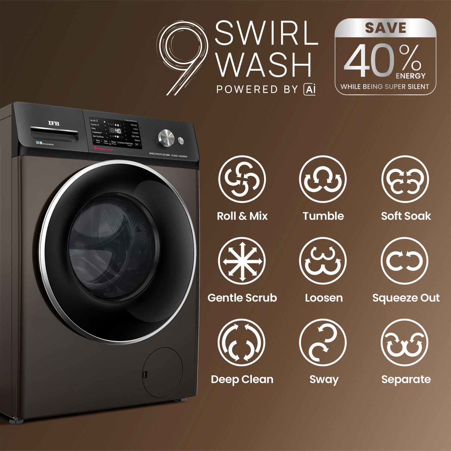 Image of IFB 10 kg 5 Star with Steam Refresh Program, 9 Swirl wash, Eco Inverter, Powered by AI with WiFi Fully Automatic Front Load Washing Machine with In-built Heater Brown