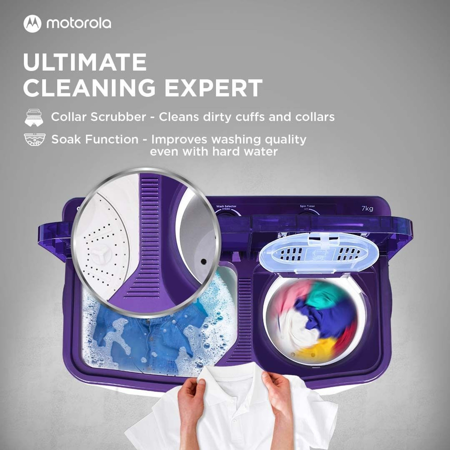 Image of MOTOROLA 7 kg Semi Automatic Top Load Washing Machine White, Purple